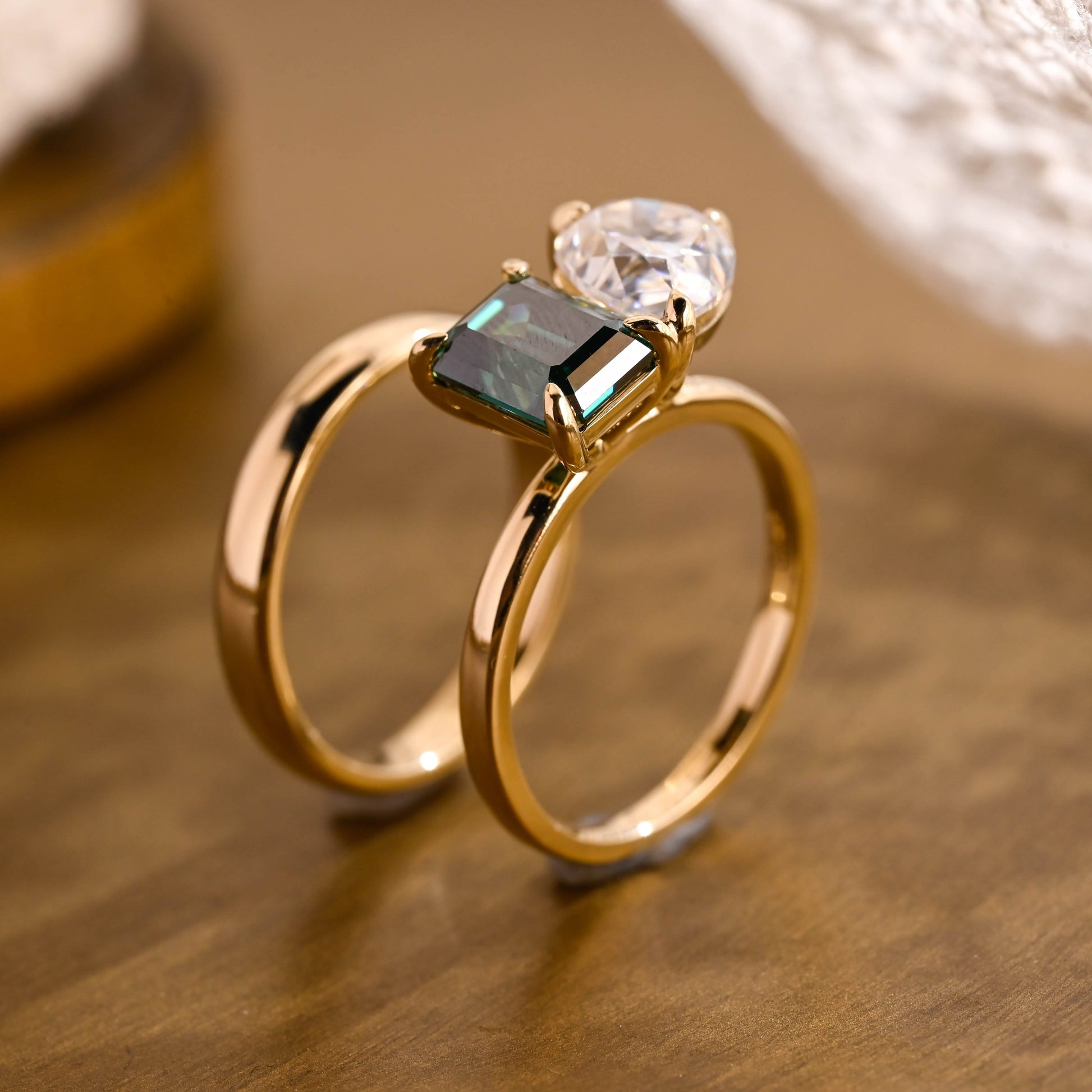 SquareJewelry emerald cut bridal set Toi et Moi Lab Grown Emerald & Pear Moissanite Wedding Ring Set