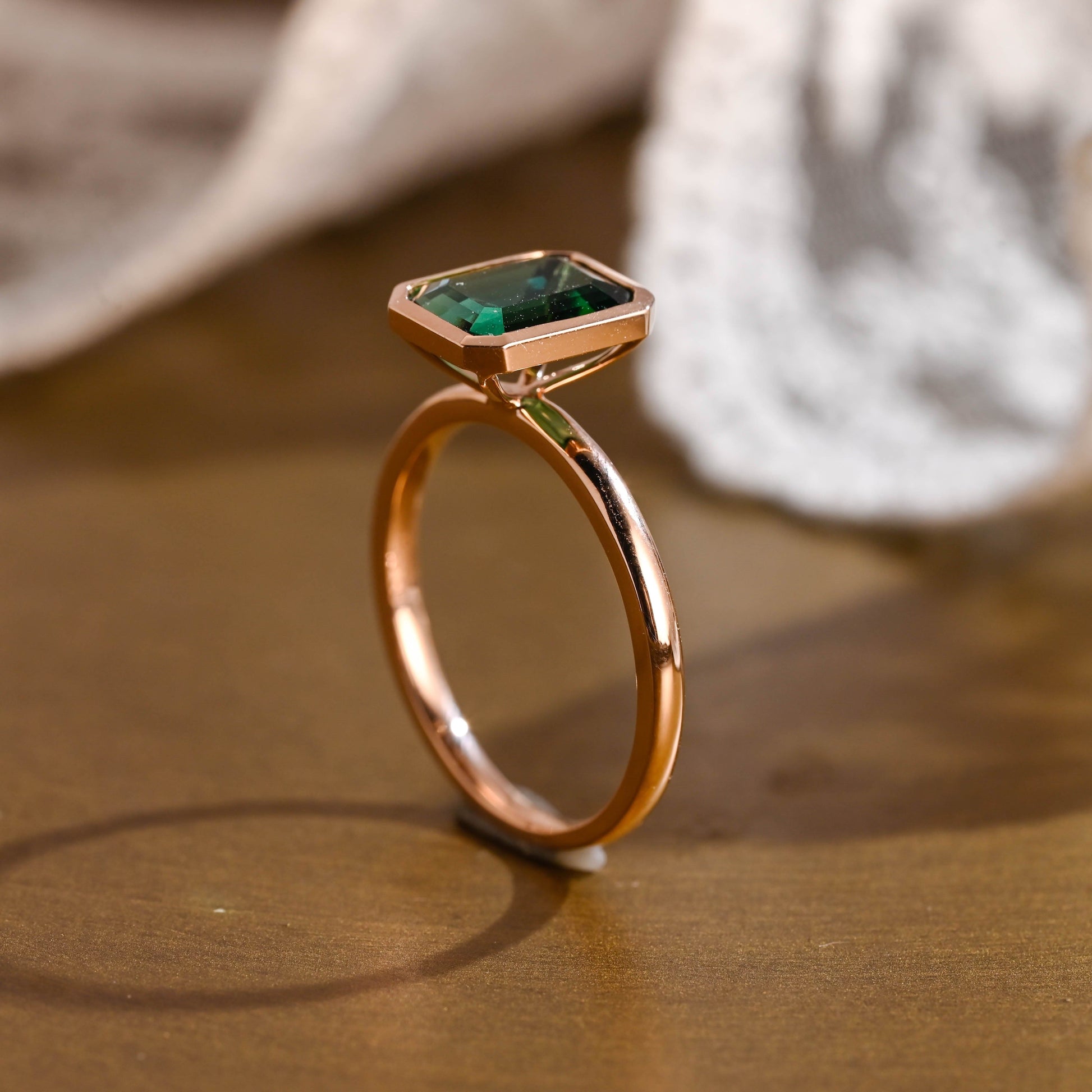 SquareJewelry emerald cut lab grown emerald engagement ring Solid Gold Bezel Lab Grown Emerald Engagement Ring