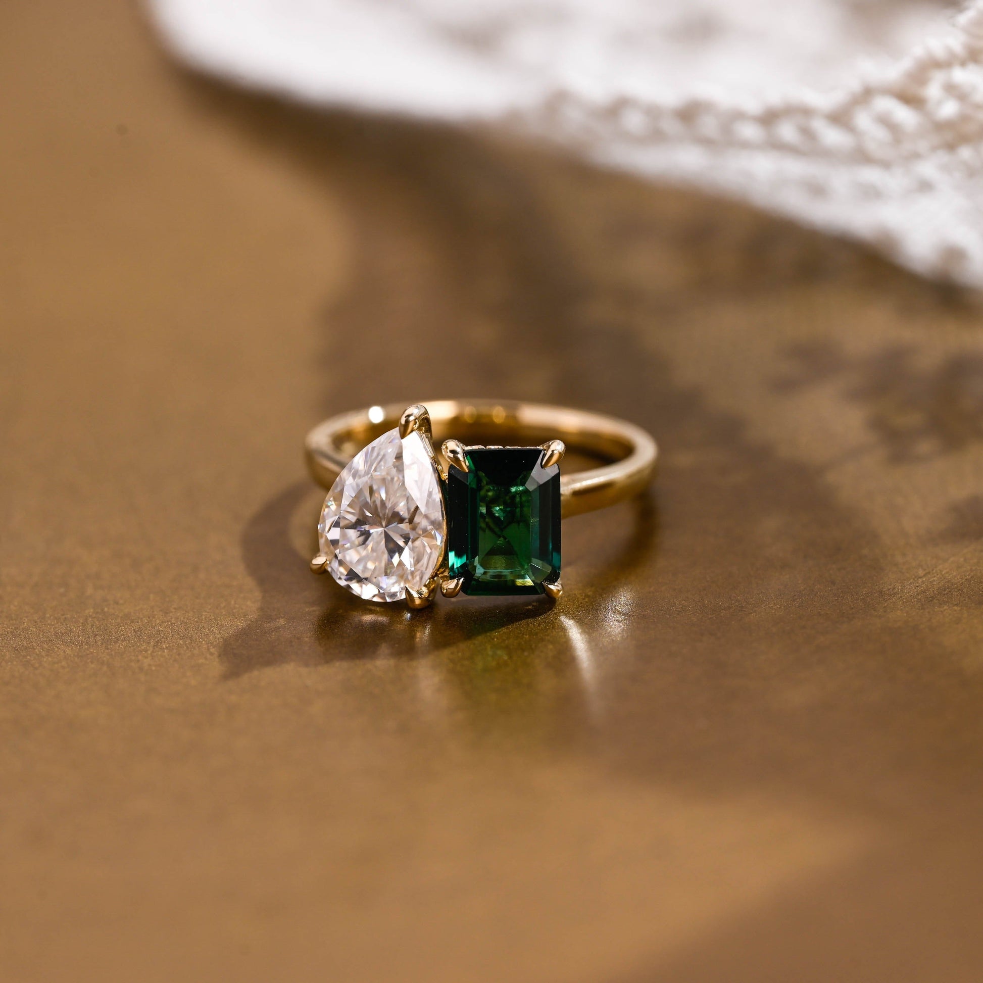 SquareJewelry emerald cut lab grown emerald engagement ring Solid Gold Hidden Halo Toi et Moi Lab Grown Emerald & Pear Moissanite Engagement Ring