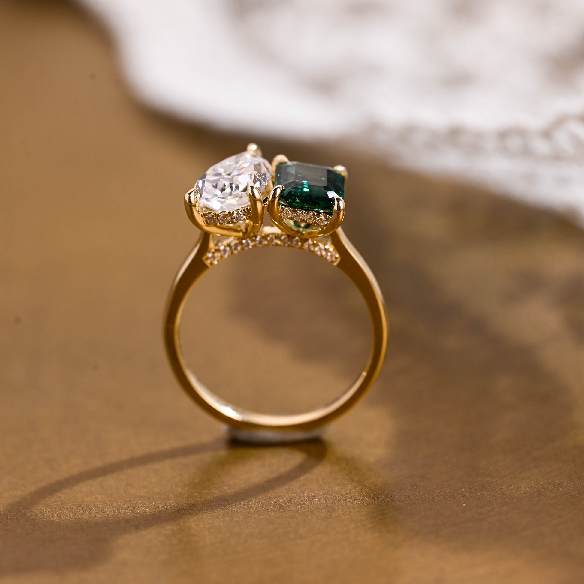 SquareJewelry emerald cut lab grown emerald engagement ring Solid Gold Hidden Halo Toi et Moi Lab Grown Emerald & Pear Moissanite Engagement Ring
