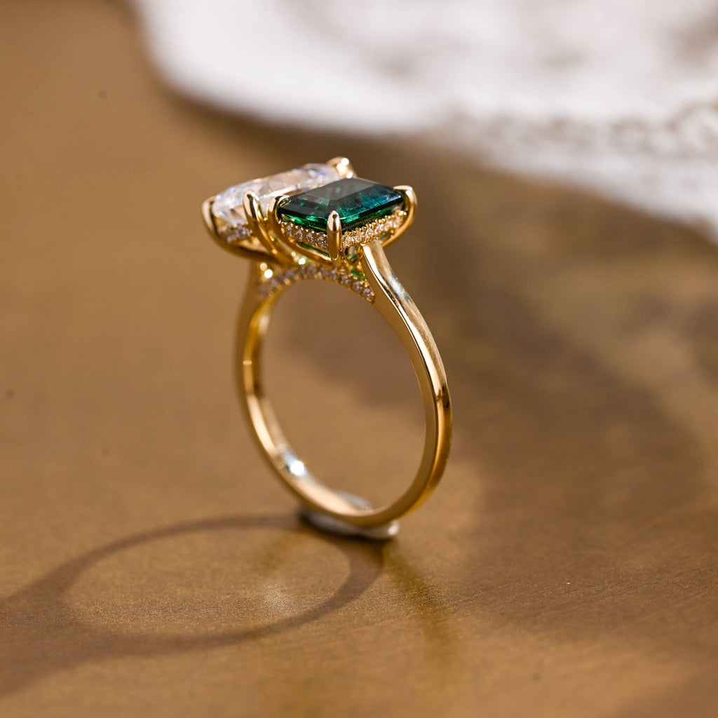 SquareJewelry emerald cut lab grown emerald engagement ring Solid Gold Hidden Halo Toi et Moi Lab Grown Emerald & Pear Moissanite Engagement Ring