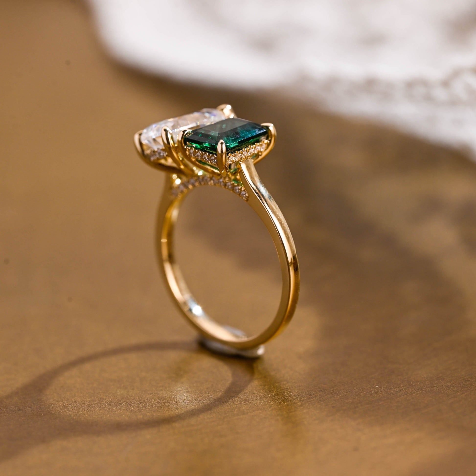 SquareJewelry emerald cut lab grown emerald engagement ring Solid Gold Hidden Halo Toi et Moi Lab Grown Emerald & Pear Moissanite Engagement Ring