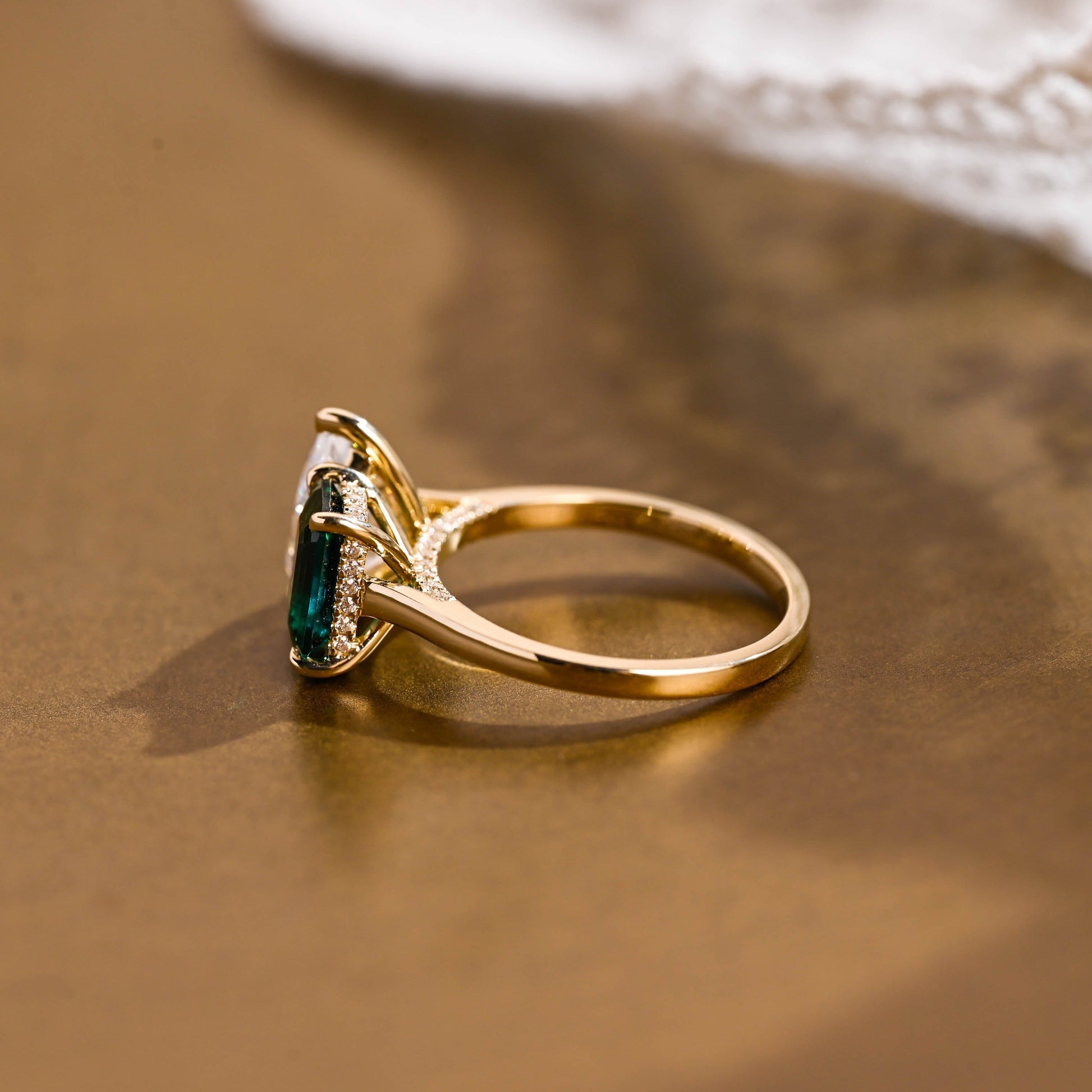 SquareJewelry emerald cut lab grown emerald engagement ring Solid Gold Hidden Halo Toi et Moi Lab Grown Emerald & Pear Moissanite Engagement Ring