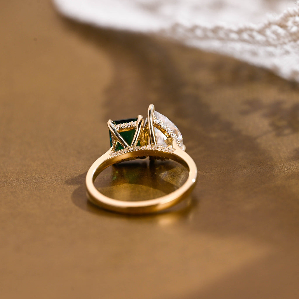 SquareJewelry emerald cut lab grown emerald engagement ring Solid Gold Hidden Halo Toi et Moi Lab Grown Emerald & Pear Moissanite Engagement Ring