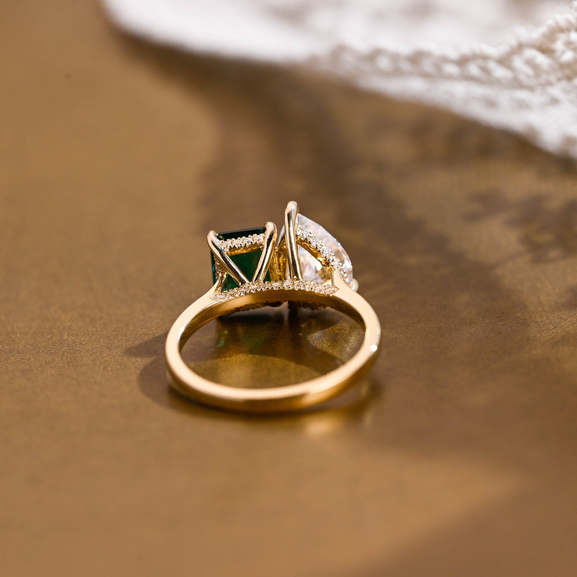 SquareJewelry emerald cut lab grown emerald engagement ring Solid Gold Hidden Halo Toi et Moi Lab Grown Emerald & Pear Moissanite Engagement Ring