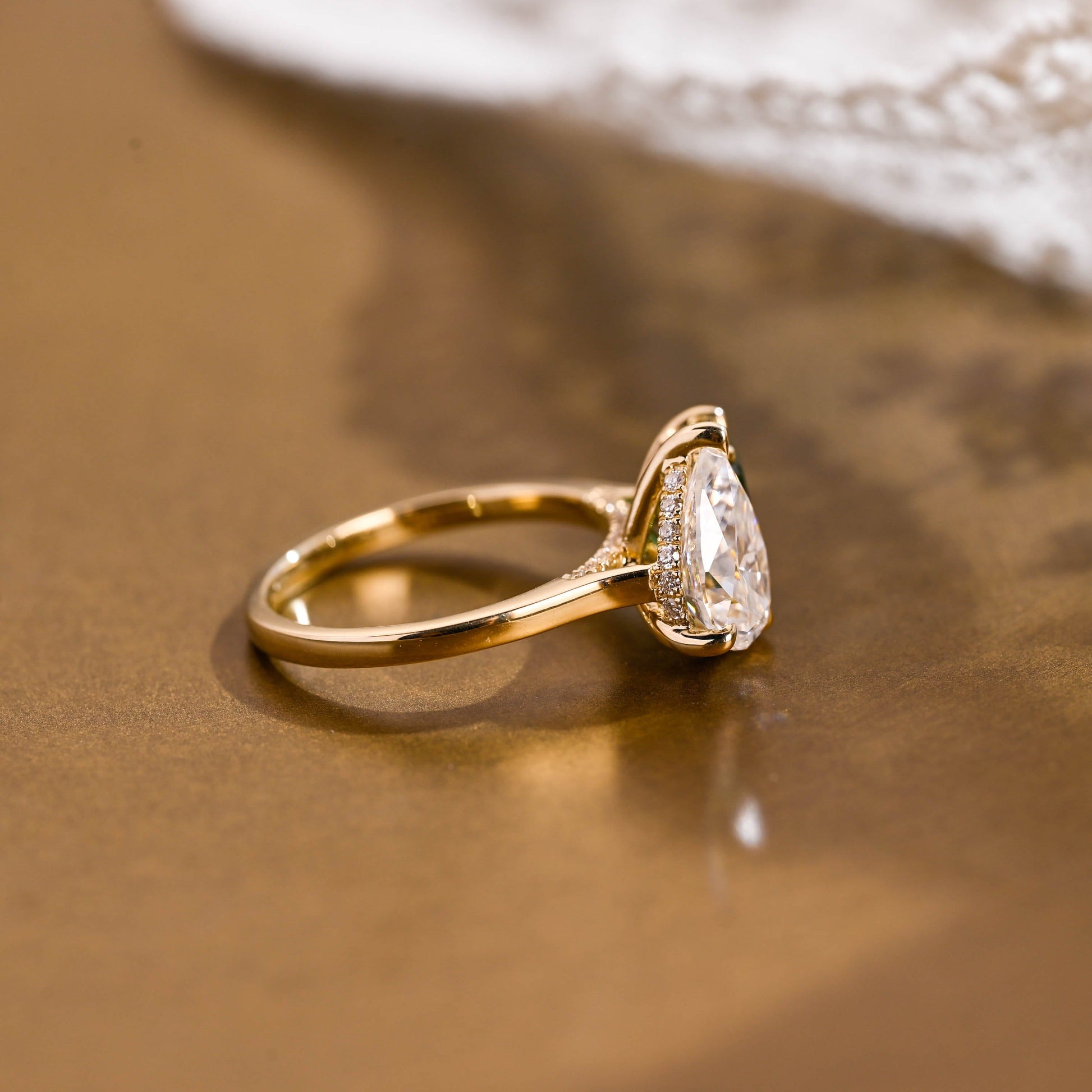 SquareJewelry emerald cut lab grown emerald engagement ring Solid Gold Hidden Halo Toi et Moi Lab Grown Emerald & Pear Moissanite Engagement Ring