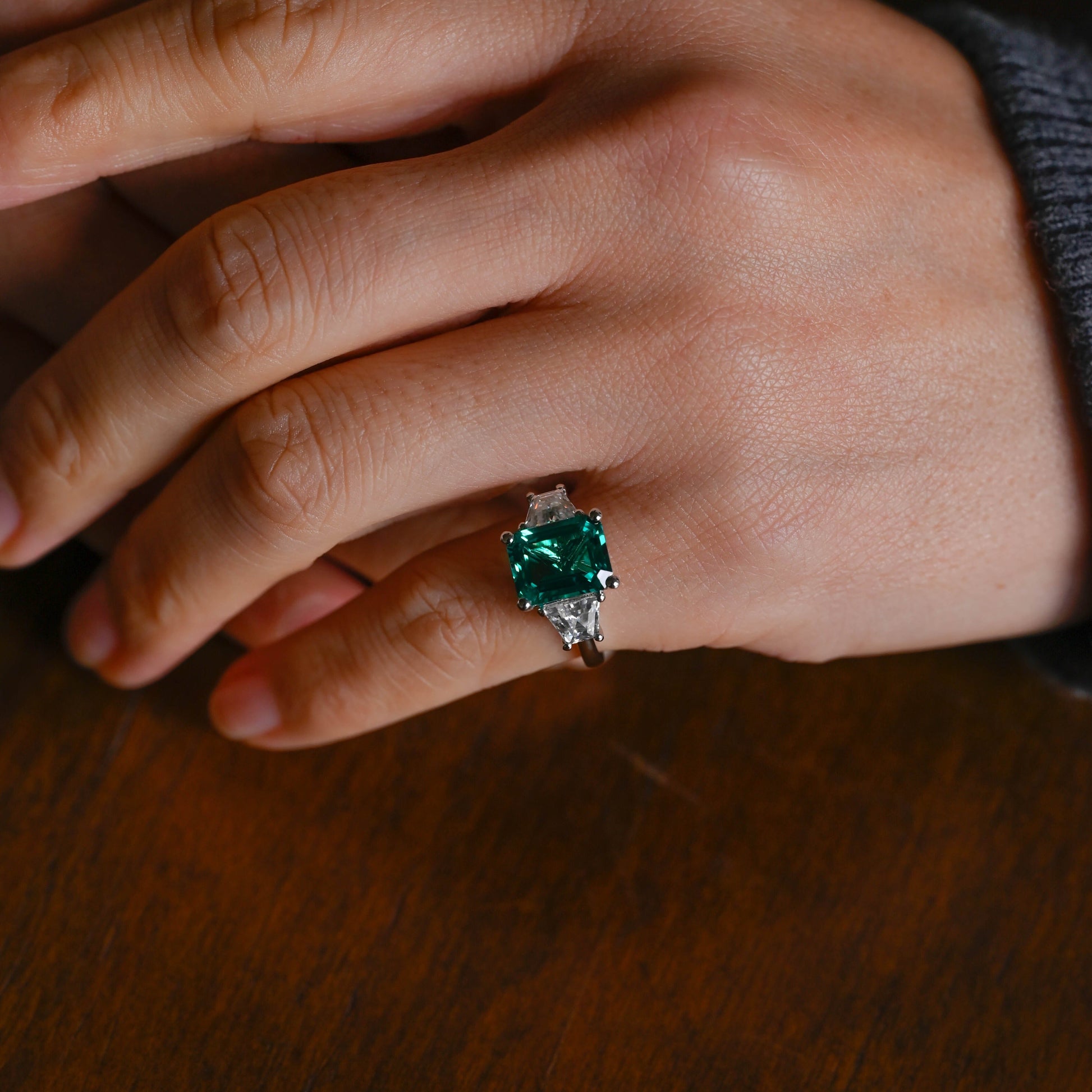 SquareJewelry emerald cut lab grown emerald engagement ring Solid Gold Three Stone Lab Grown Emerald Engagement Ring with Trapezoid Side Stone