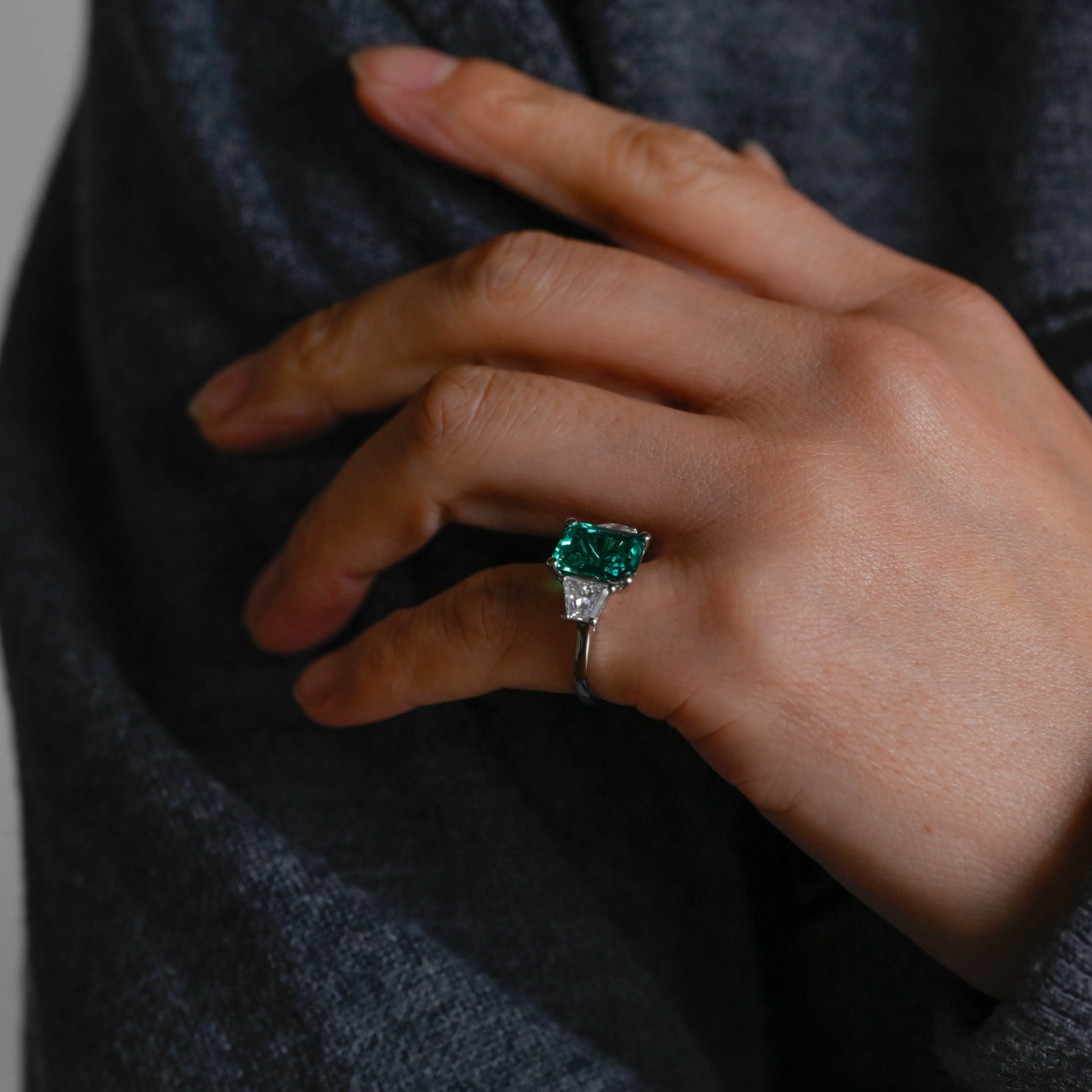SquareJewelry emerald cut lab grown emerald engagement ring Solid Gold Three Stone Lab Grown Emerald Engagement Ring with Trapezoid Side Stone