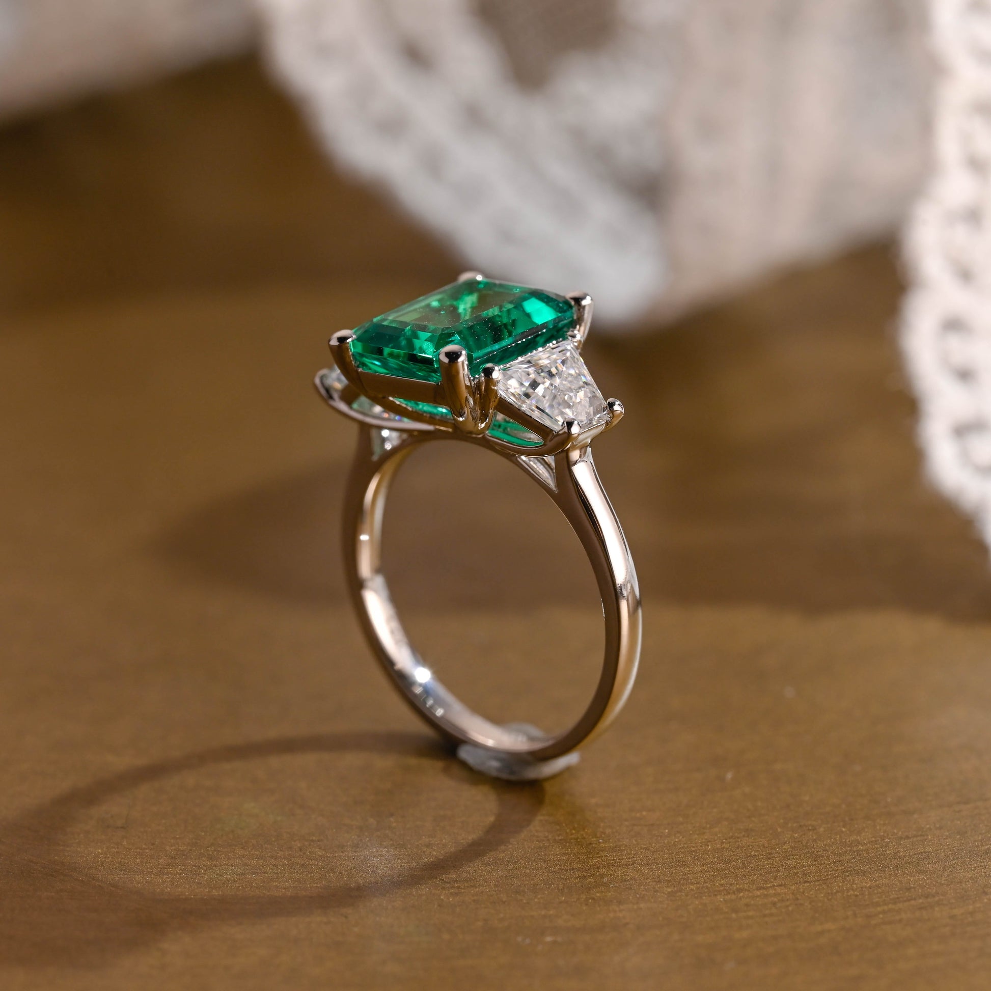SquareJewelry emerald cut lab grown emerald engagement ring Solid Gold Three Stone Lab Grown Emerald Engagement Ring with Trapezoid Side Stone
