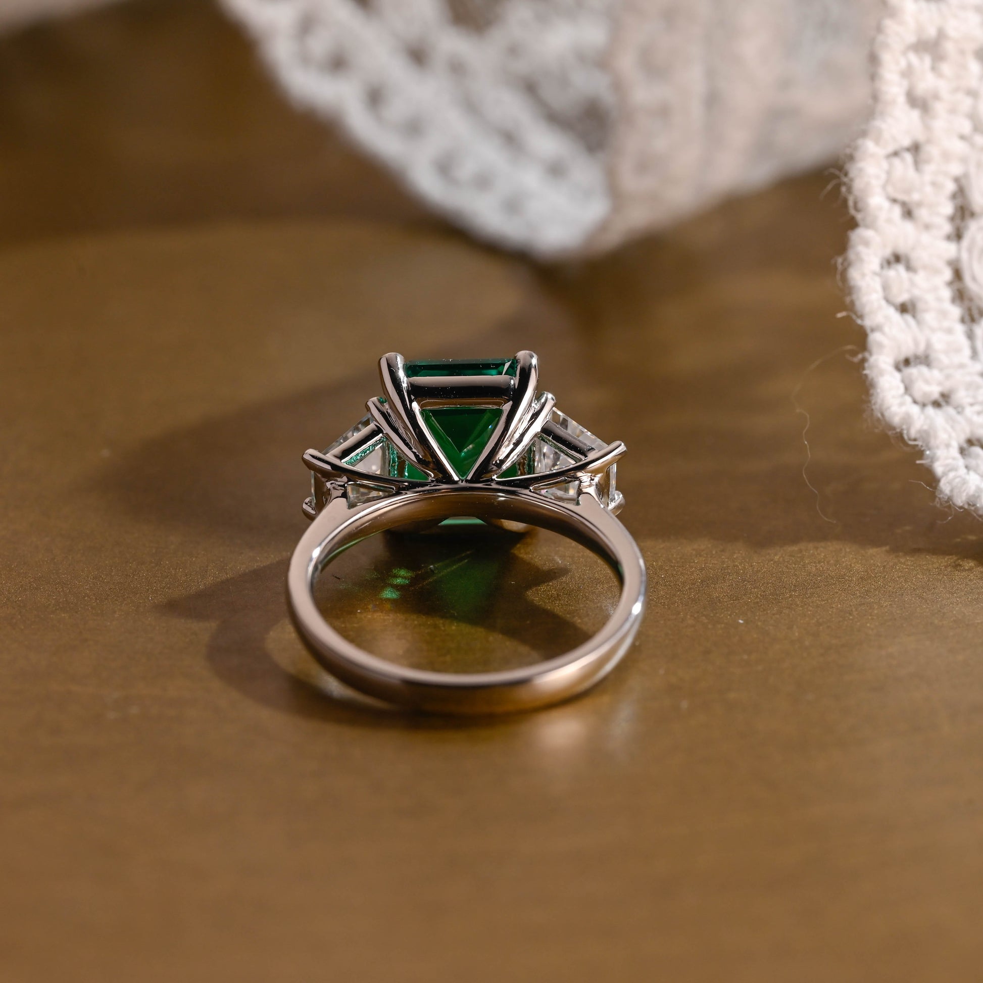 SquareJewelry emerald cut lab grown emerald engagement ring Solid Gold Three Stone Lab Grown Emerald Engagement Ring with Trapezoid Side Stone