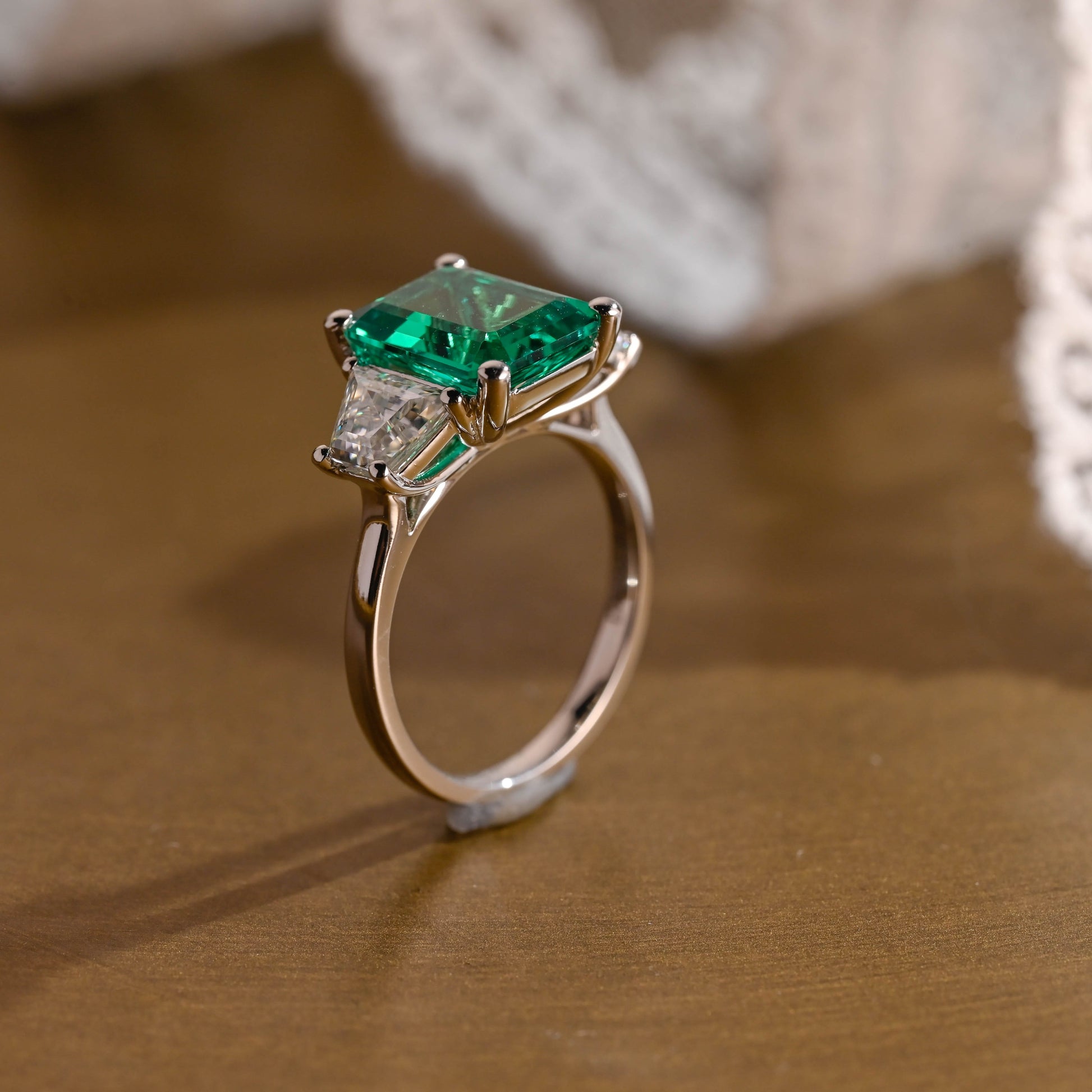 SquareJewelry emerald cut lab grown emerald engagement ring Solid Gold Three Stone Lab Grown Emerald Engagement Ring with Trapezoid Side Stone