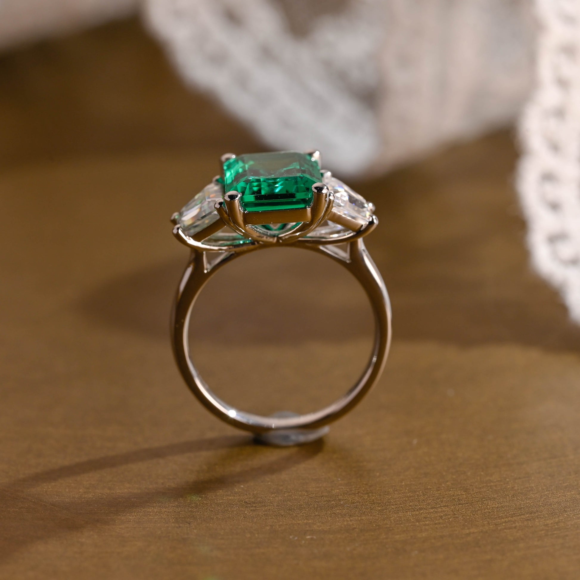 SquareJewelry emerald cut lab grown emerald engagement ring Solid Gold Three Stone Lab Grown Emerald Engagement Ring with Trapezoid Side Stone