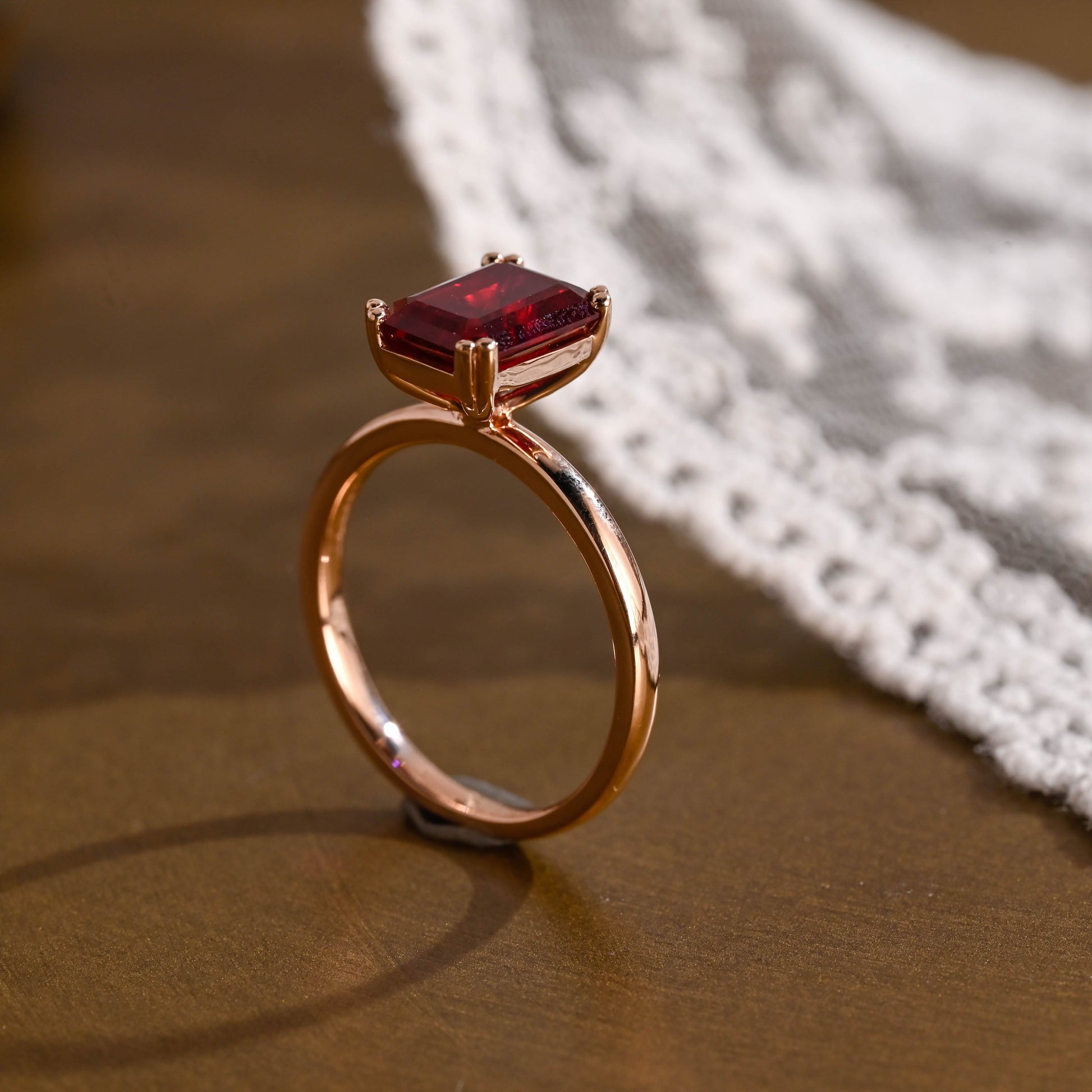 SquareJewelry emerald cut lab grown ruby engagement ring Solid Gold Solitarie Emerald Cut Red Lab Grown Ruby Engagement Ring