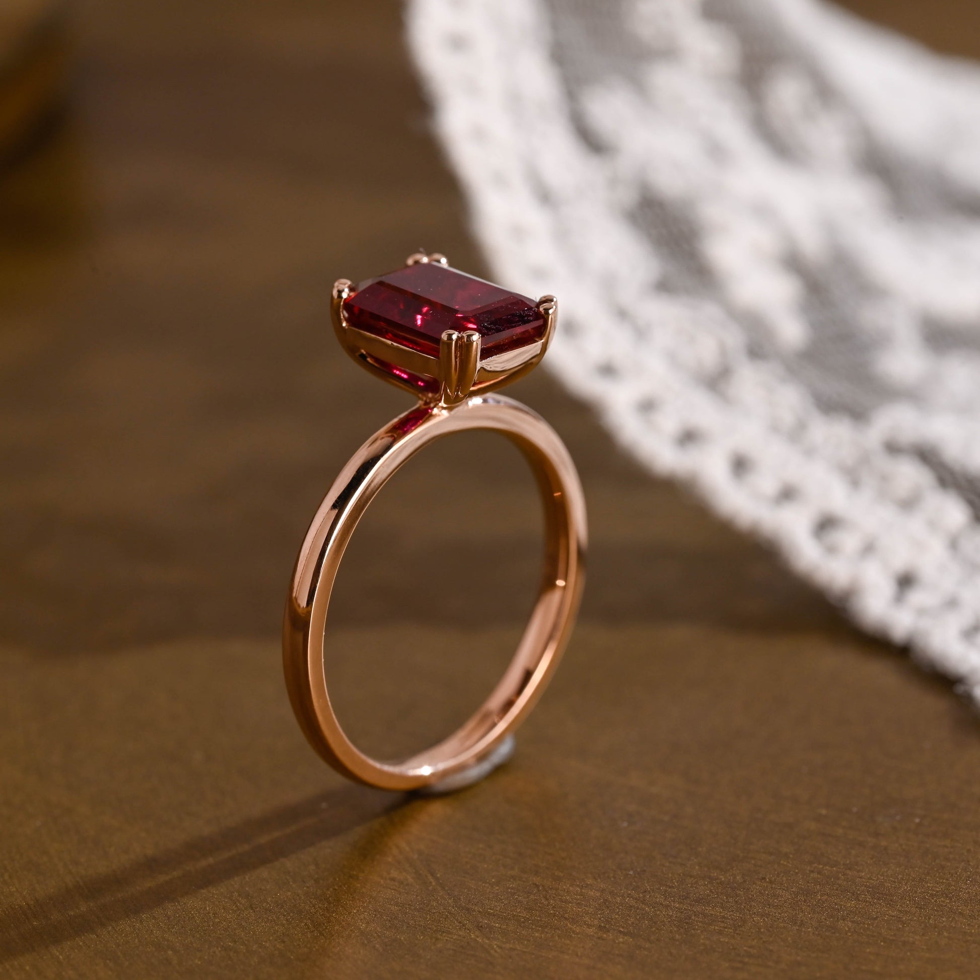 SquareJewelry emerald cut lab grown ruby engagement ring Solid Gold Solitarie Emerald Cut Red Lab Grown Ruby Engagement Ring