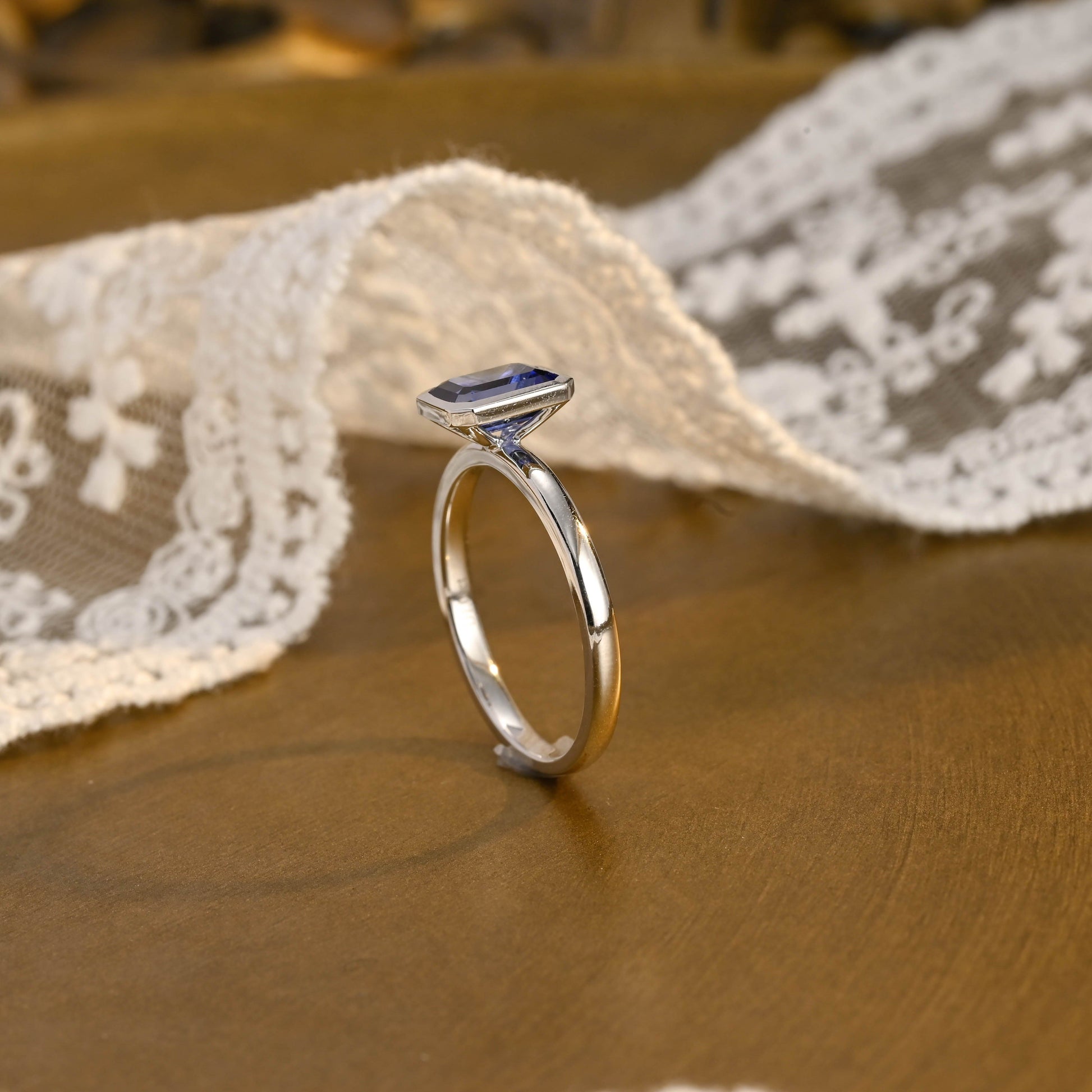 SquareJewelry emerald cut lab grown sapphire engagement ring Solid Gold Emerald Cut Lab Grown Sapphire Engagement Ring
