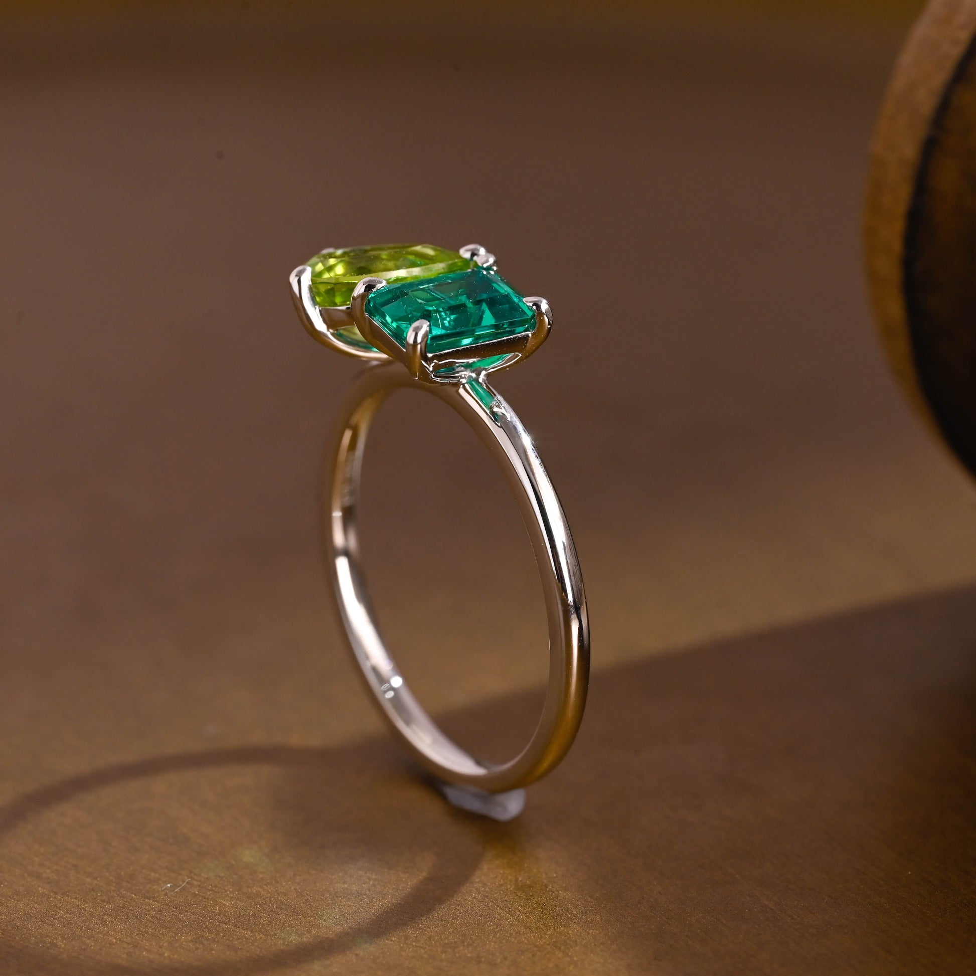 SquareJewelry emerald cut lab grown sapphire engagement ring Solid Gold Toi et Moi Emerald Cut Lab Grown Emerald & Pear Cut Olivine Engagement Ring