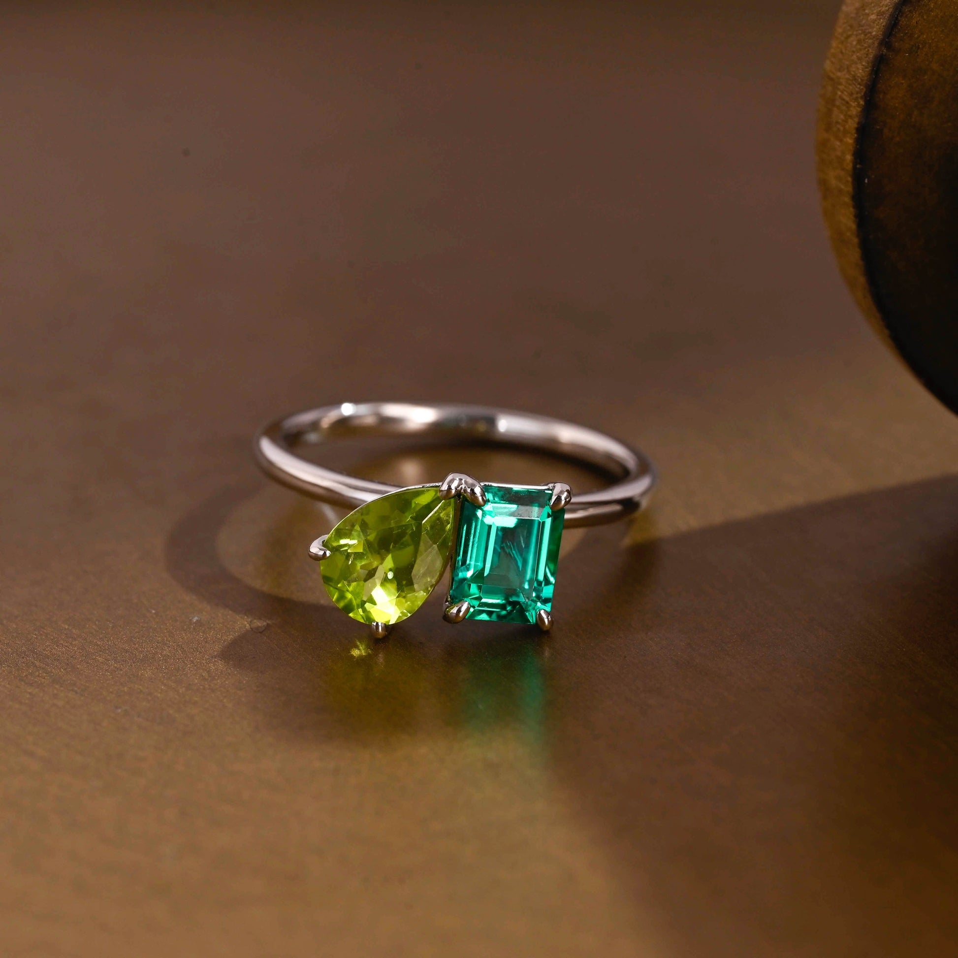 SquareJewelry emerald cut lab grown sapphire engagement ring Solid Gold Toi et Moi Emerald Cut Lab Grown Emerald & Pear Cut Olivine Engagement Ring