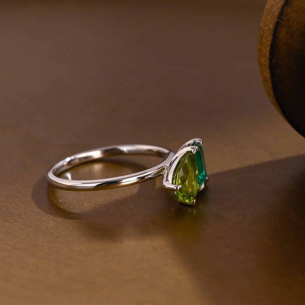 SquareJewelry emerald cut lab grown sapphire engagement ring Solid Gold Toi et Moi Emerald Cut Lab Grown Emerald & Pear Cut Olivine Engagement Ring