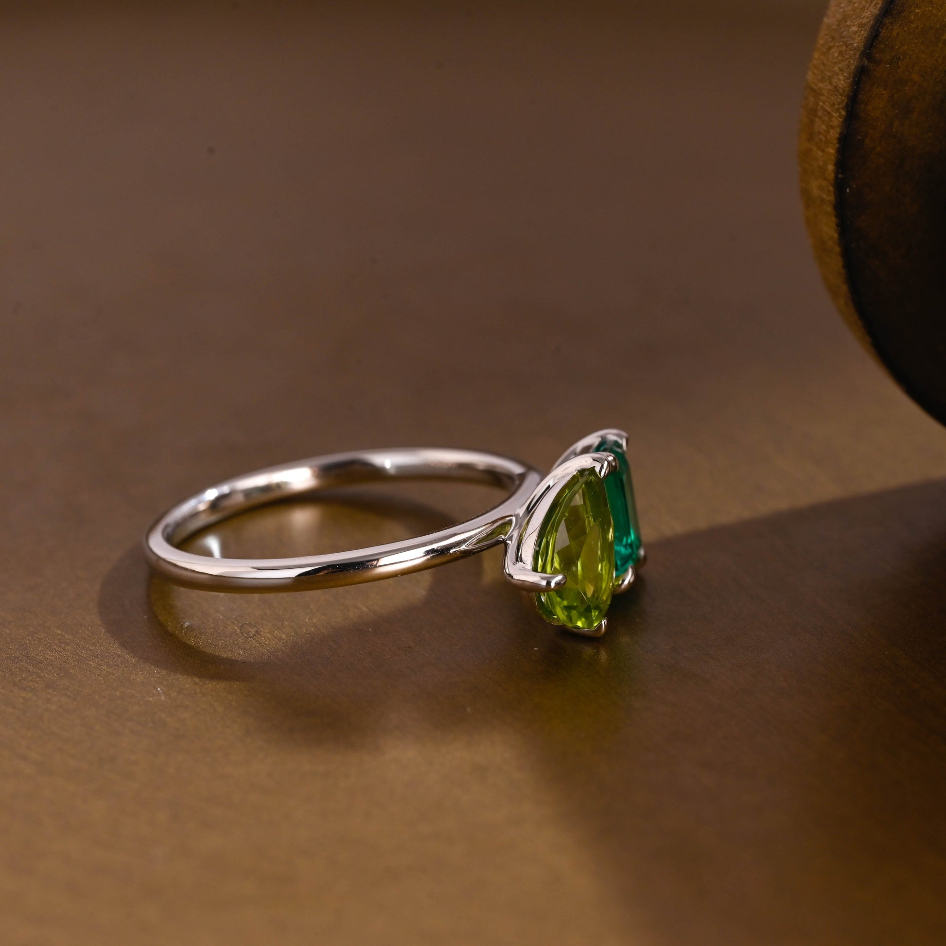 SquareJewelry emerald cut lab grown sapphire engagement ring Solid Gold Toi et Moi Emerald Cut Lab Grown Emerald & Pear Cut Olivine Engagement Ring