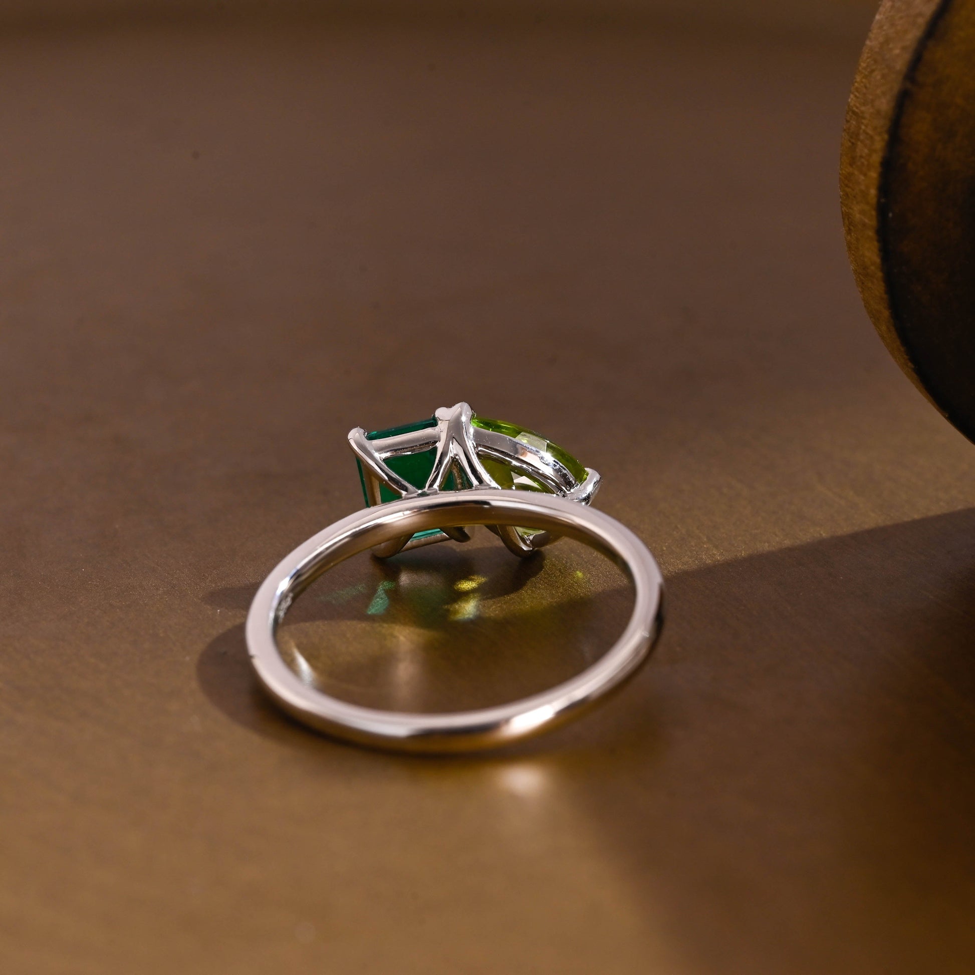 SquareJewelry emerald cut lab grown sapphire engagement ring Solid Gold Toi et Moi Emerald Cut Lab Grown Emerald & Pear Cut Olivine Engagement Ring