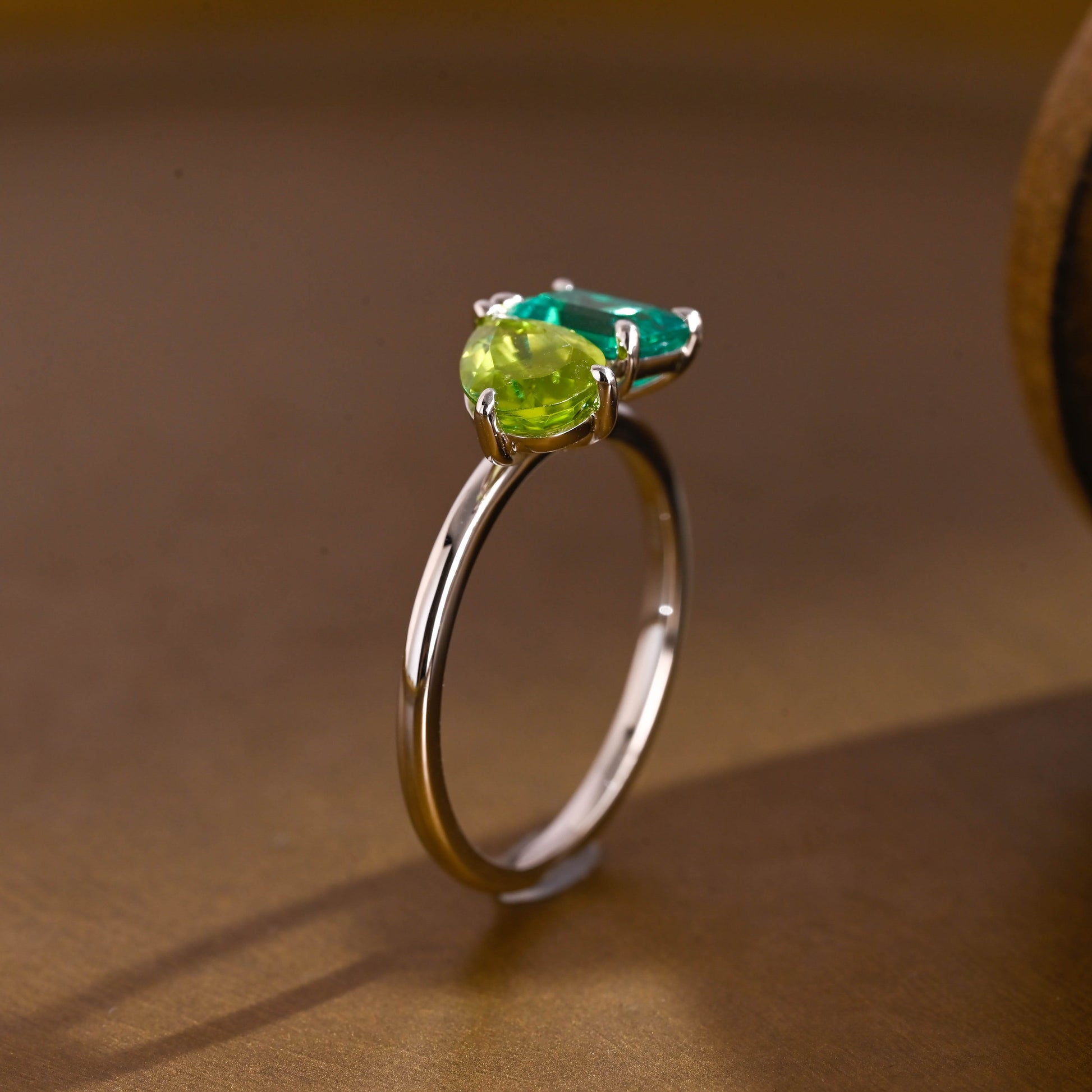 SquareJewelry emerald cut lab grown sapphire engagement ring Solid Gold Toi et Moi Emerald Cut Lab Grown Emerald & Pear Cut Olivine Engagement Ring
