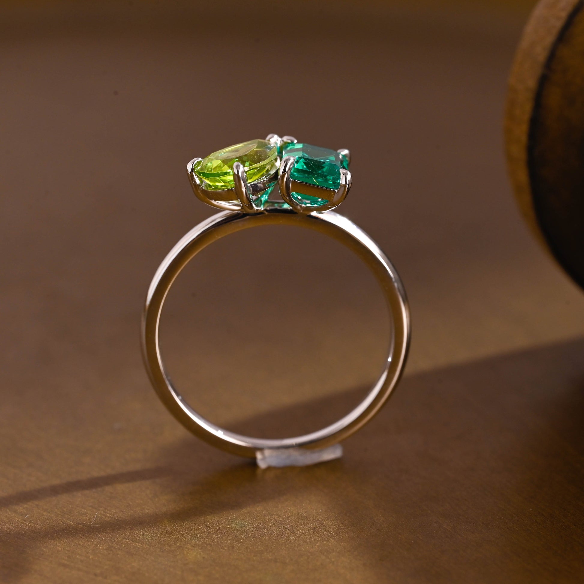 SquareJewelry emerald cut lab grown sapphire engagement ring Solid Gold Toi et Moi Emerald Cut Lab Grown Emerald & Pear Cut Olivine Engagement Ring