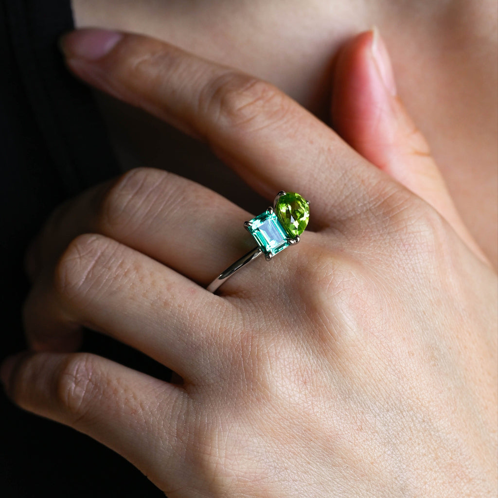SquareJewelry emerald cut lab grown sapphire engagement ring Solid Gold Toi et Moi Emerald Cut Lab Grown Emerald & Pear Cut Olivine Engagement Ring