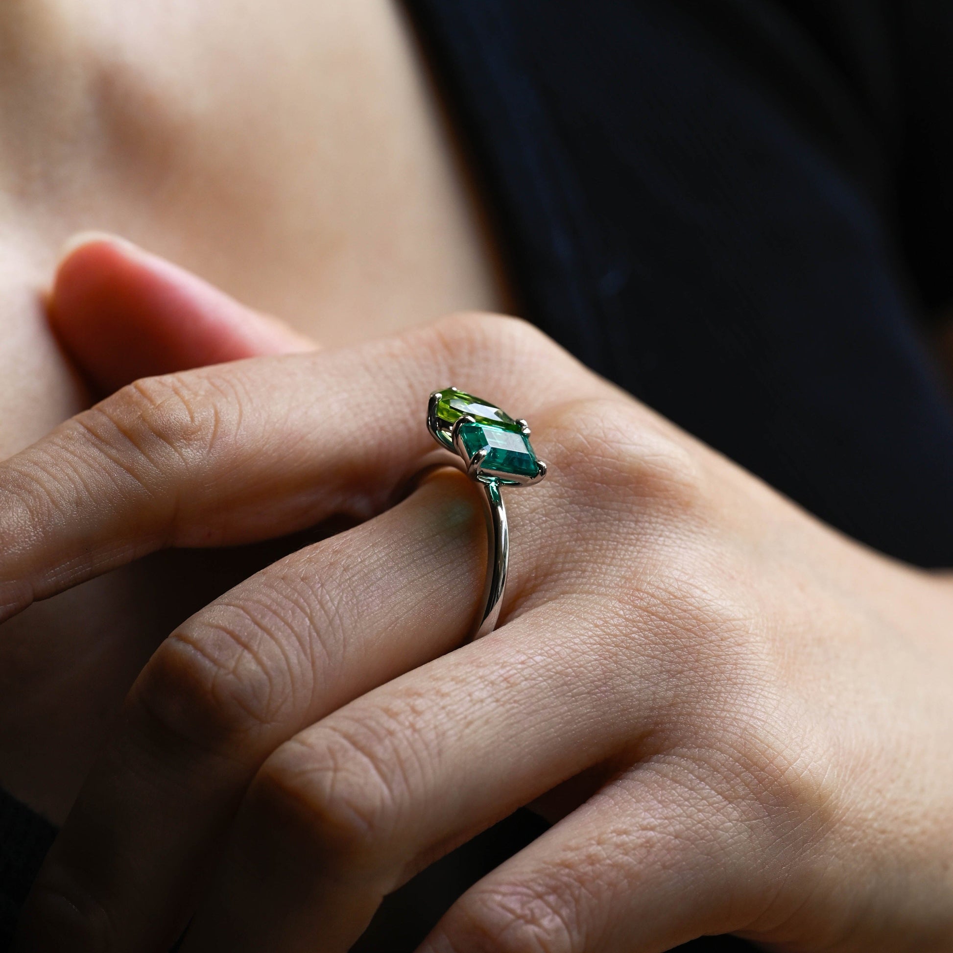 SquareJewelry emerald cut lab grown sapphire engagement ring Solid Gold Toi et Moi Emerald Cut Lab Grown Emerald & Pear Cut Olivine Engagement Ring