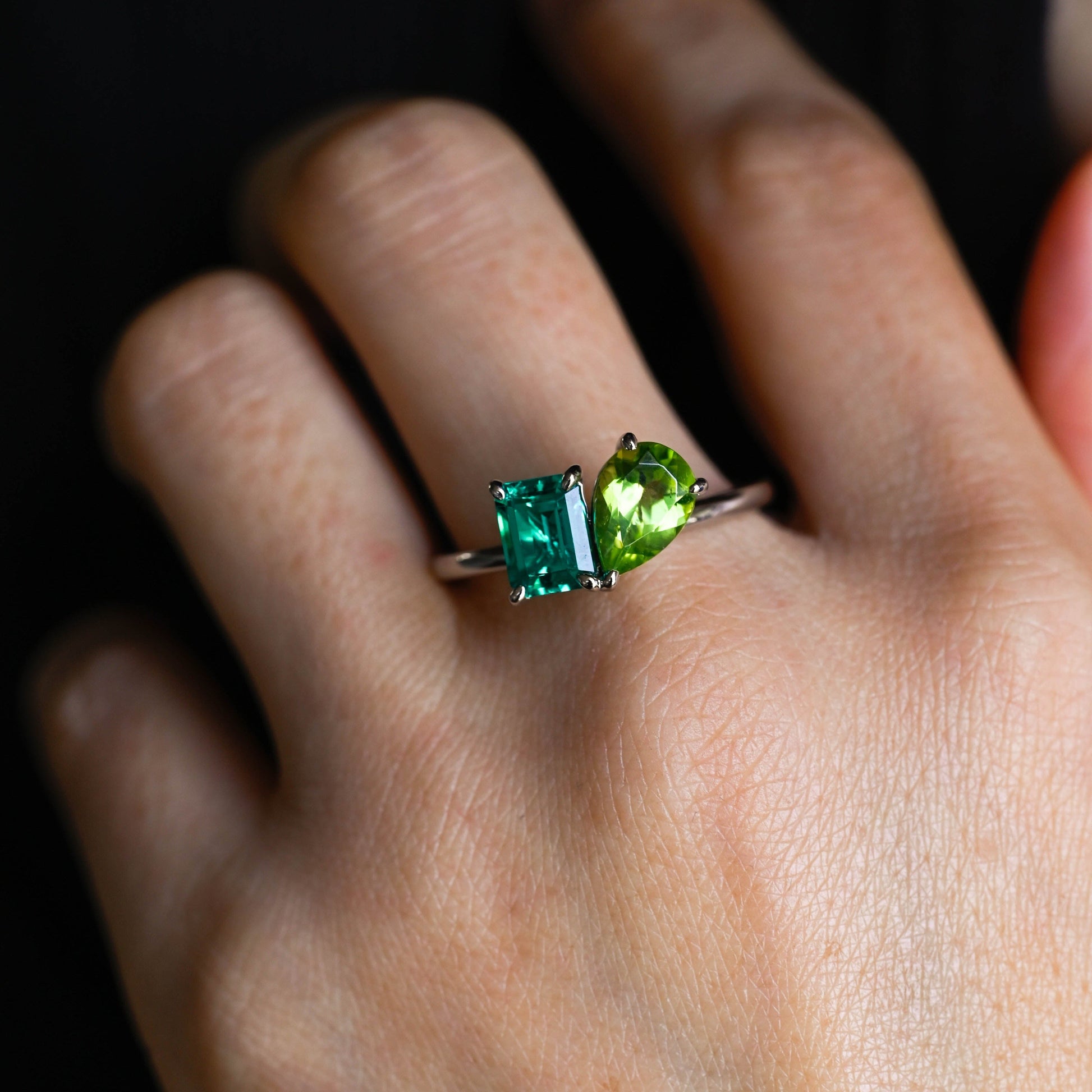 SquareJewelry emerald cut lab grown sapphire engagement ring Solid Gold Toi et Moi Emerald Cut Lab Grown Emerald & Pear Cut Olivine Engagement Ring