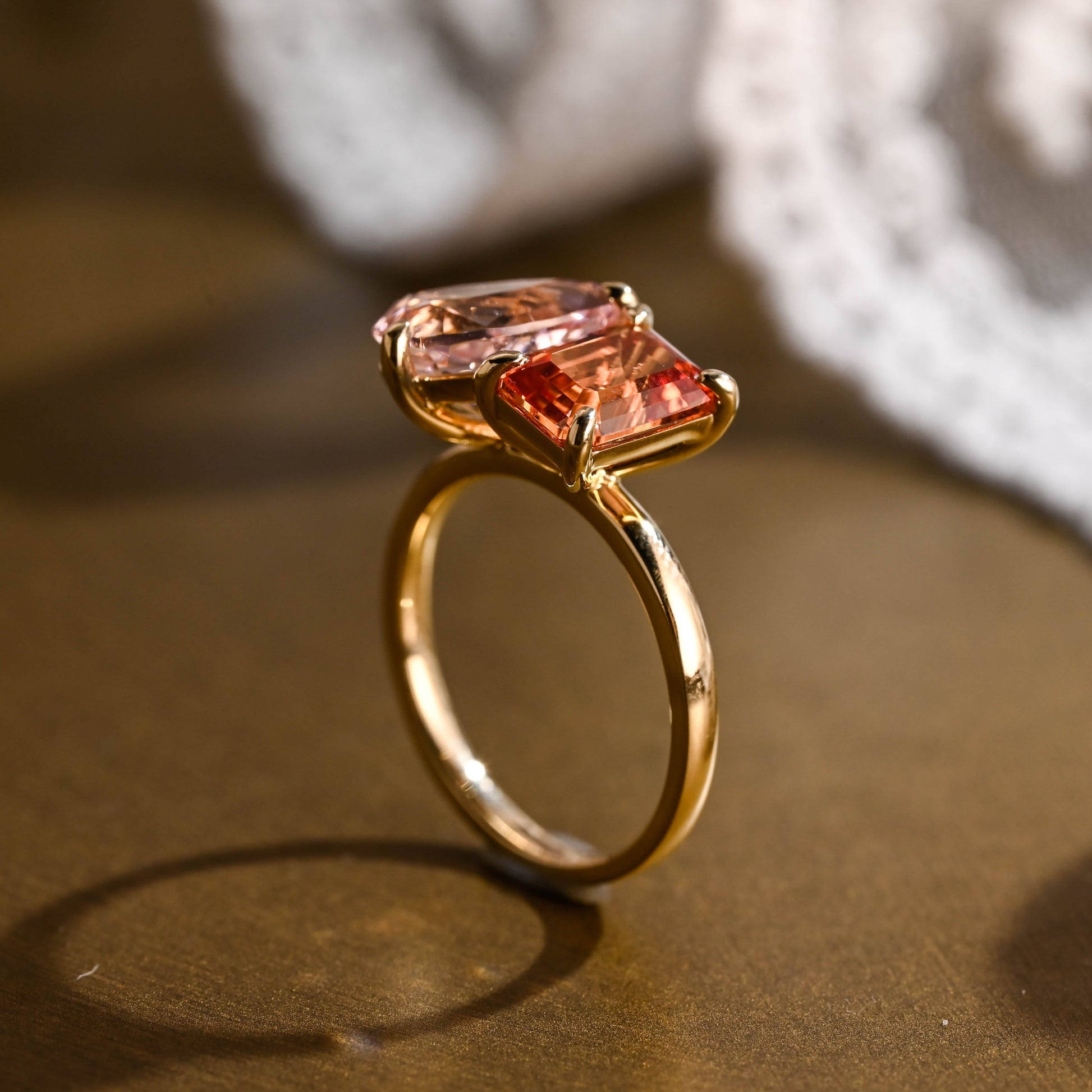 SquareJewelry emerald cut lab grown sapphire engagement ring Solid Gold Toi et Moi Emerald Cut Orange Sapphire & Pear Cut Pink Sapphire Engagement Ring