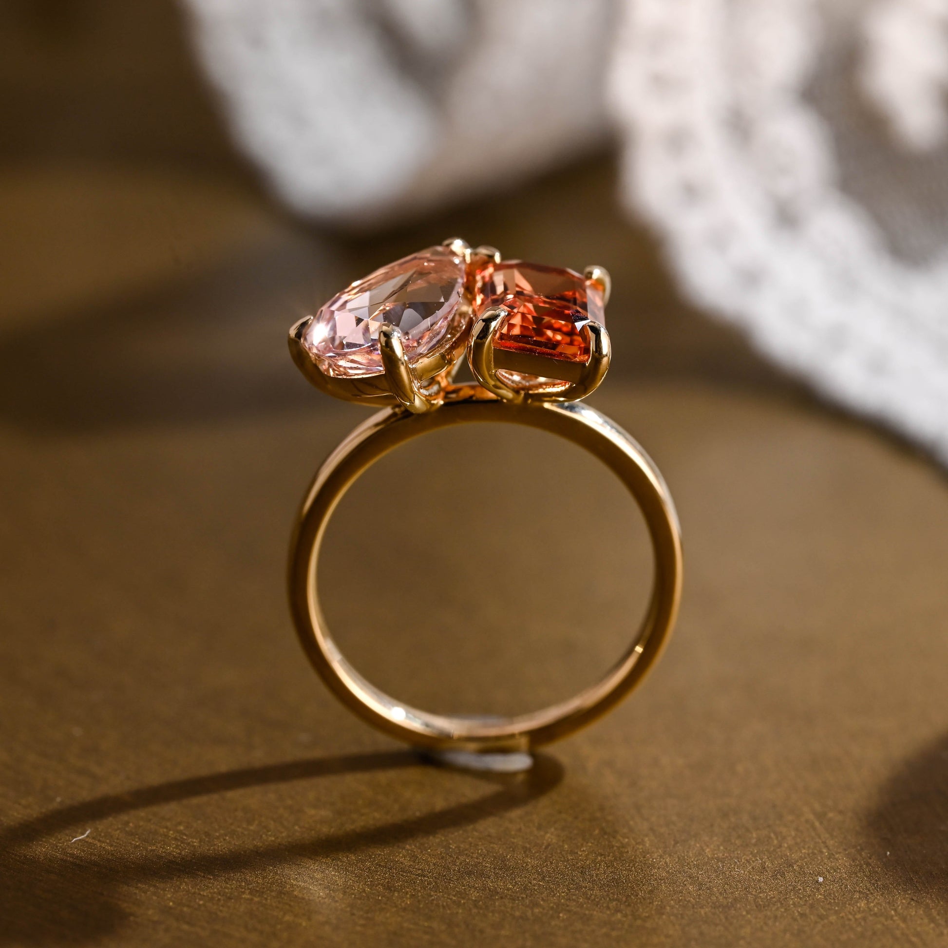 SquareJewelry emerald cut lab grown sapphire engagement ring Solid Gold Toi et Moi Emerald Cut Orange Sapphire & Pear Cut Pink Sapphire Engagement Ring