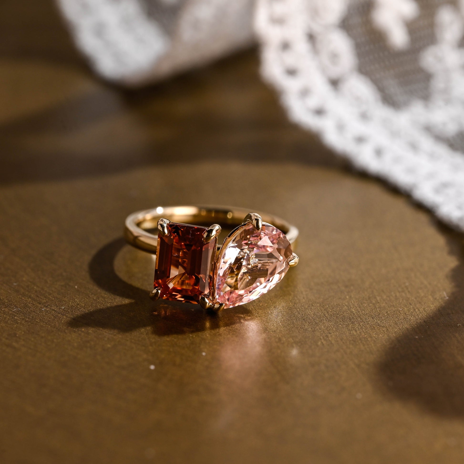 SquareJewelry emerald cut lab grown sapphire engagement ring Solid Gold Toi et Moi Emerald Cut Orange Sapphire & Pear Cut Pink Sapphire Engagement Ring