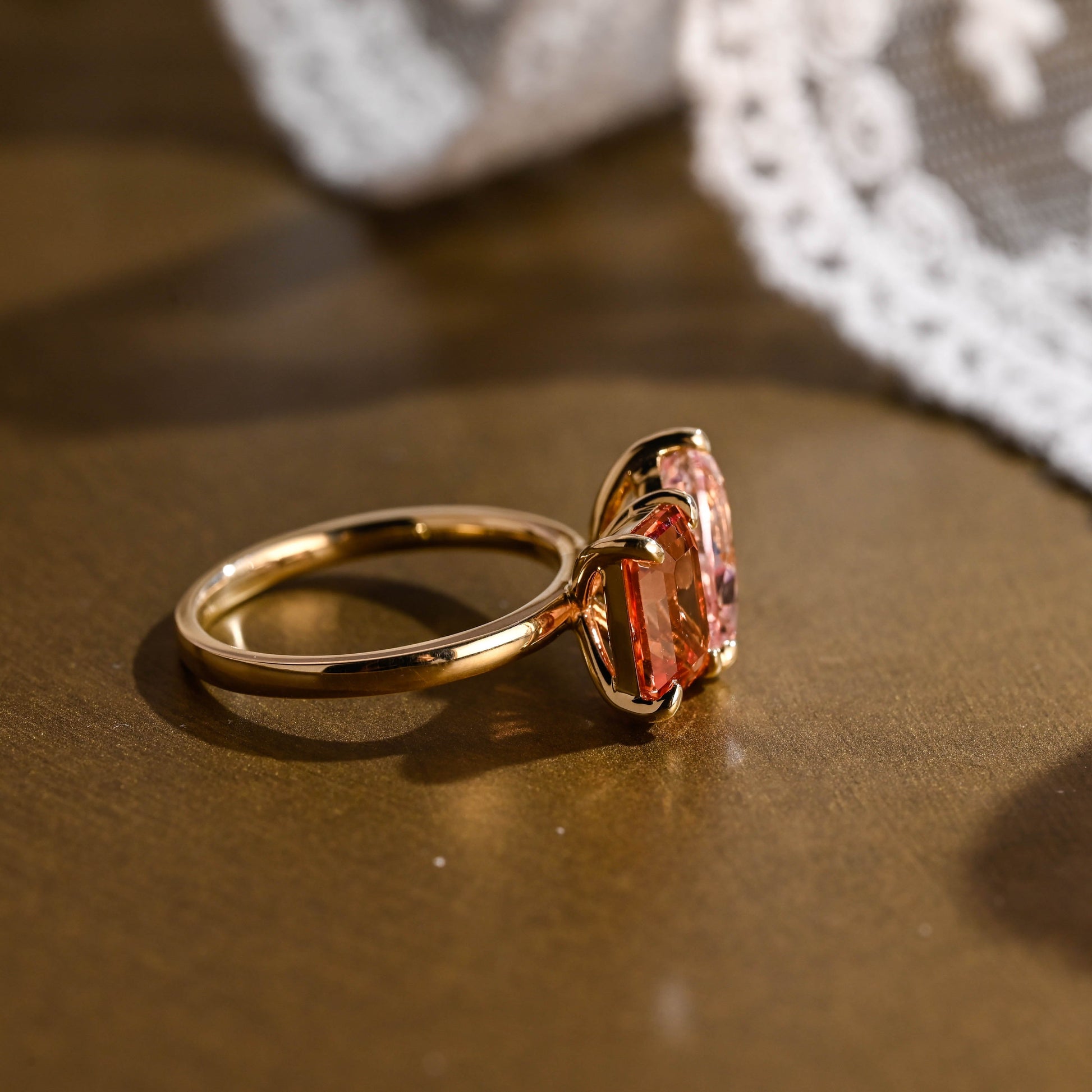SquareJewelry emerald cut lab grown sapphire engagement ring Solid Gold Toi et Moi Emerald Cut Orange Sapphire & Pear Cut Pink Sapphire Engagement Ring