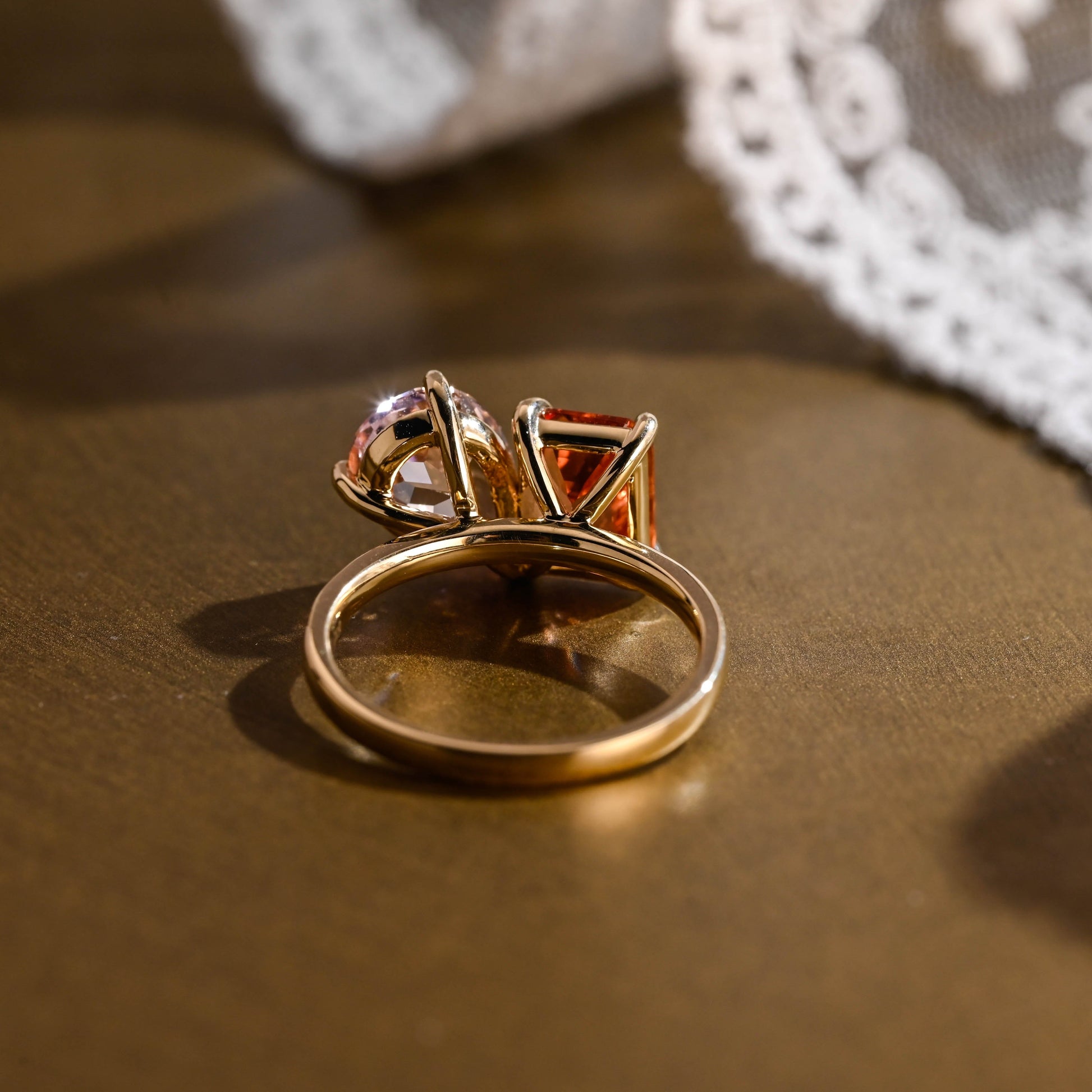 SquareJewelry emerald cut lab grown sapphire engagement ring Solid Gold Toi et Moi Emerald Cut Orange Sapphire & Pear Cut Pink Sapphire Engagement Ring