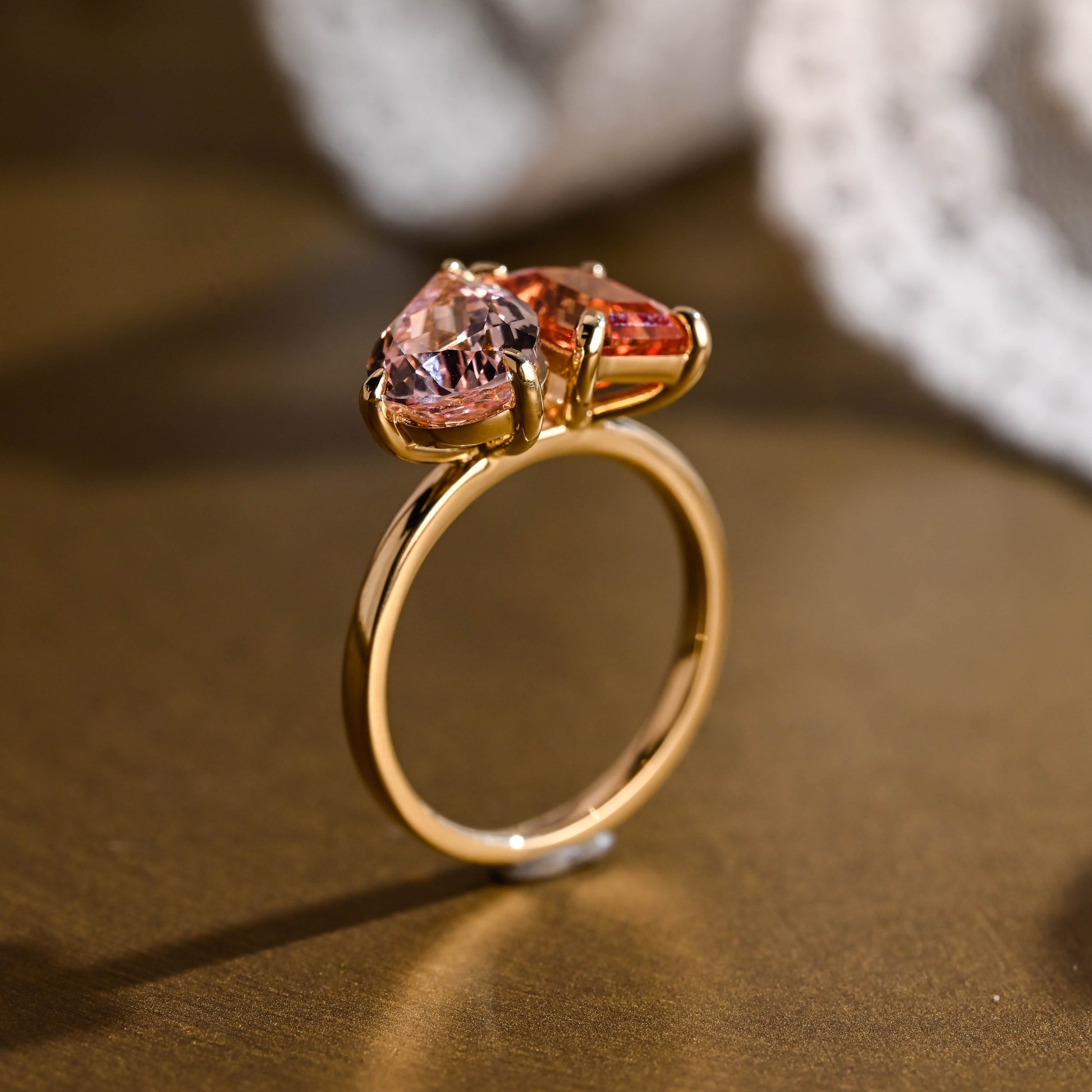 SquareJewelry emerald cut lab grown sapphire engagement ring Solid Gold Toi et Moi Emerald Cut Orange Sapphire & Pear Cut Pink Sapphire Engagement Ring