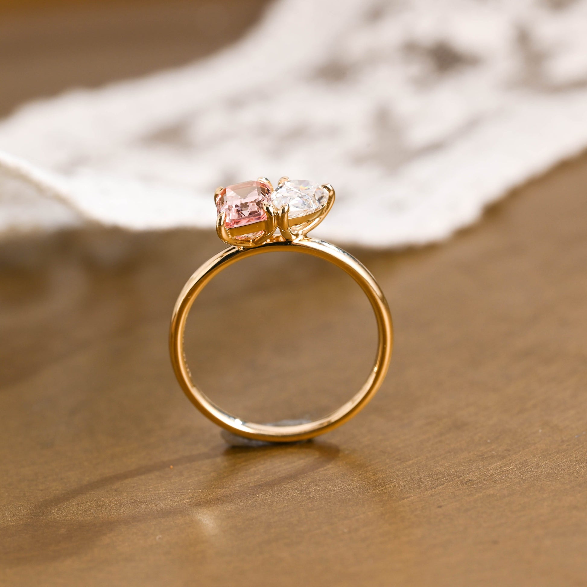 SquareJewelry emerald cut lab grown sapphire engagement ring Solid Gold Toi et Moi Emerald Cut Pink Lab Grown Sapphire & Pear Cut Moissanite Engagement Ring