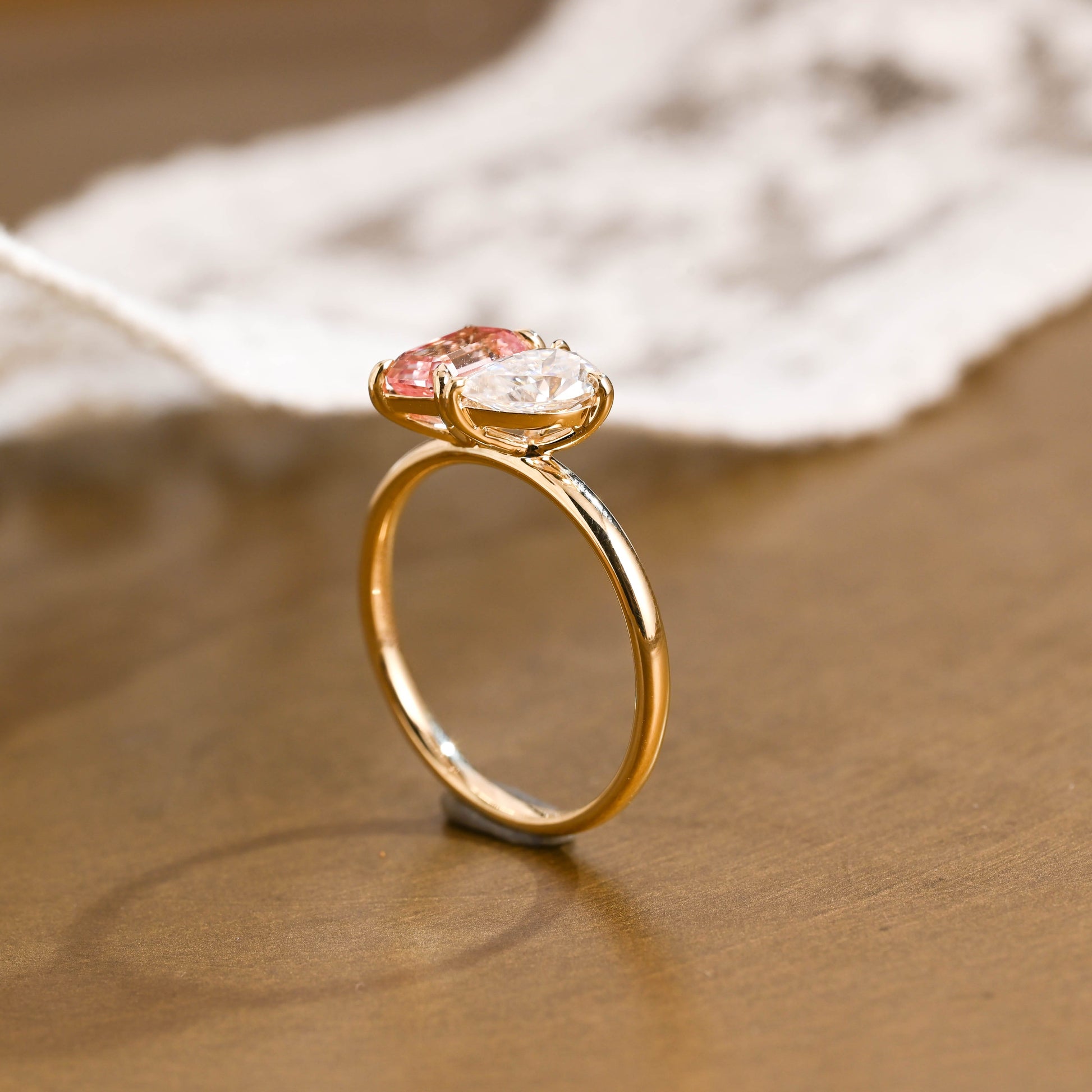 SquareJewelry emerald cut lab grown sapphire engagement ring Solid Gold Toi et Moi Emerald Cut Pink Lab Grown Sapphire & Pear Cut Moissanite Engagement Ring