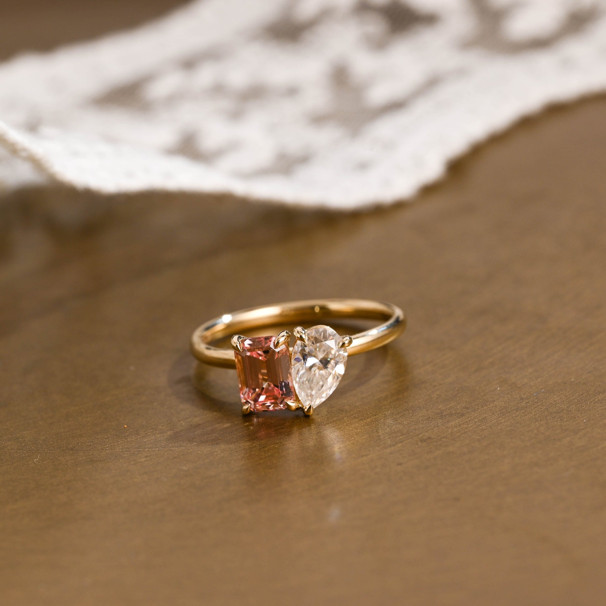 SquareJewelry emerald cut lab grown sapphire engagement ring Solid Gold Toi et Moi Emerald Cut Pink Lab Grown Sapphire & Pear Cut Moissanite Engagement Ring