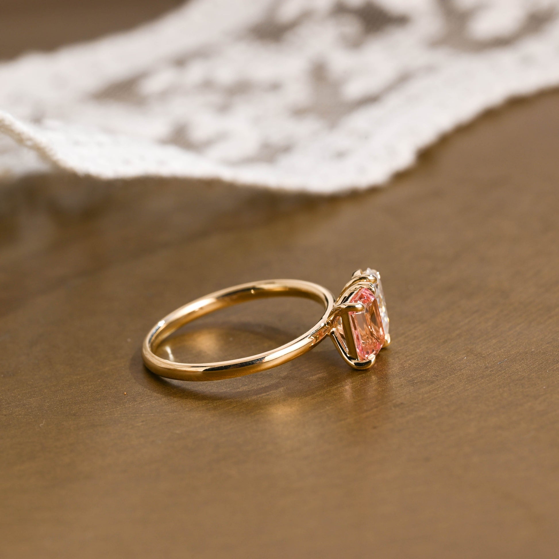 SquareJewelry emerald cut lab grown sapphire engagement ring Solid Gold Toi et Moi Emerald Cut Pink Lab Grown Sapphire & Pear Cut Moissanite Engagement Ring