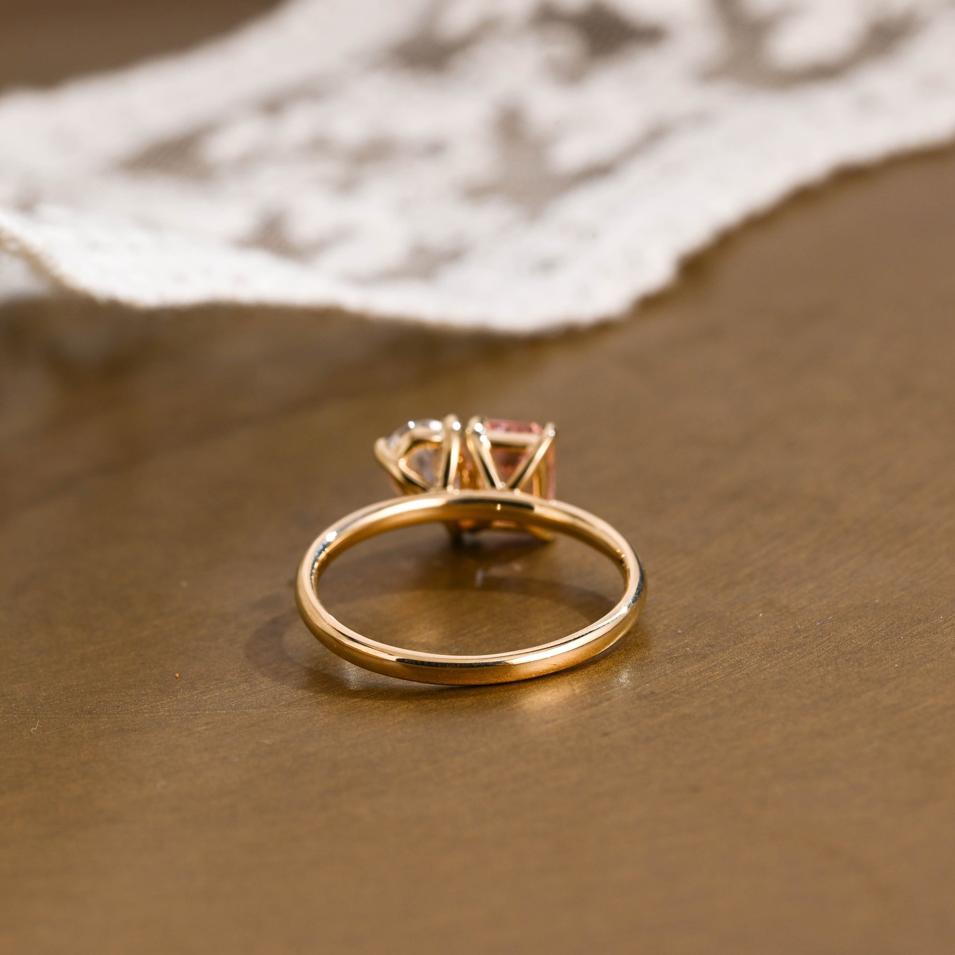 SquareJewelry emerald cut lab grown sapphire engagement ring Solid Gold Toi et Moi Emerald Cut Pink Lab Grown Sapphire & Pear Cut Moissanite Engagement Ring