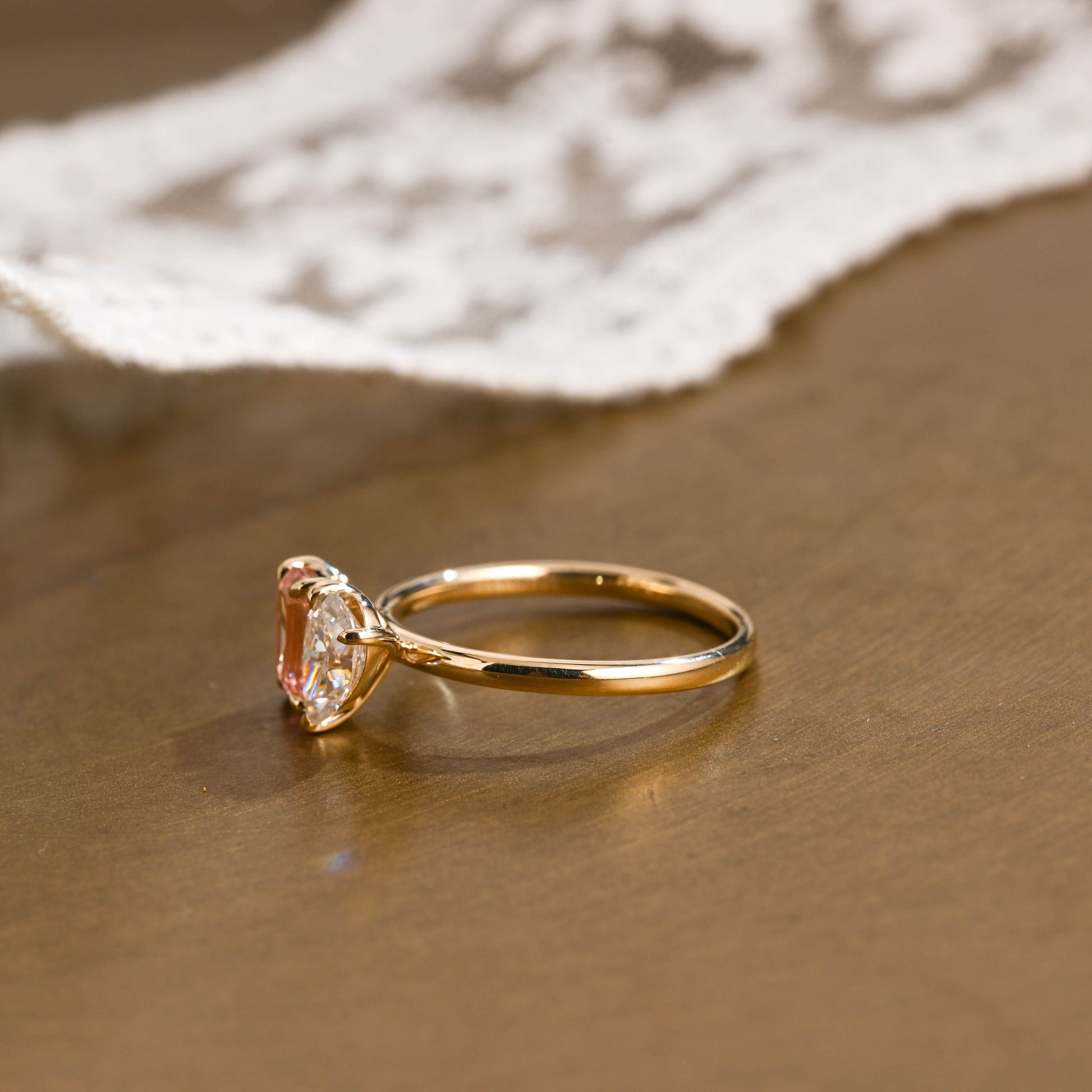 SquareJewelry emerald cut lab grown sapphire engagement ring Solid Gold Toi et Moi Emerald Cut Pink Lab Grown Sapphire & Pear Cut Moissanite Engagement Ring