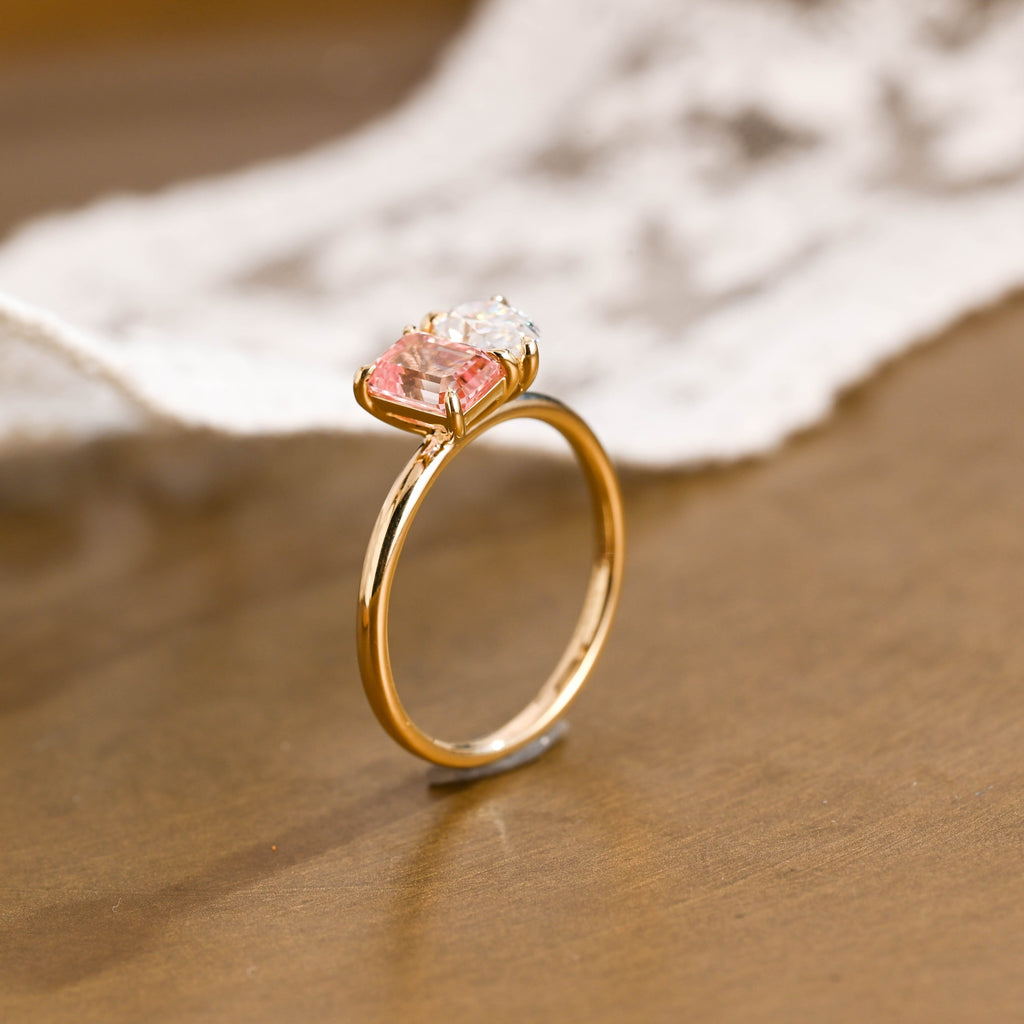 SquareJewelry emerald cut lab grown sapphire engagement ring Solid Gold Toi et Moi Emerald Cut Pink Lab Grown Sapphire & Pear Cut Moissanite Engagement Ring