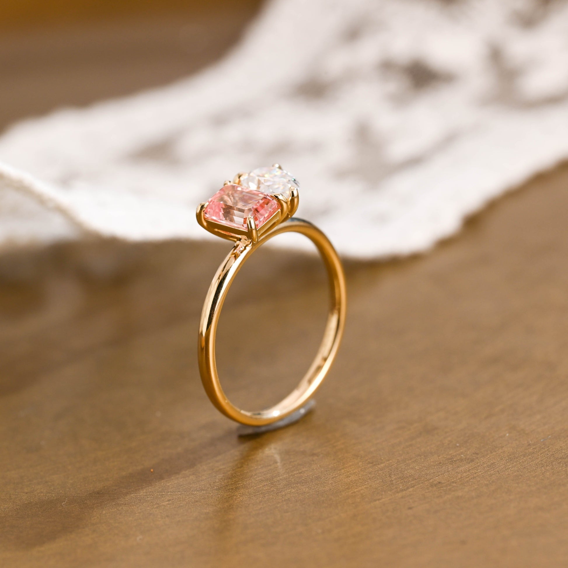 SquareJewelry emerald cut lab grown sapphire engagement ring Solid Gold Toi et Moi Emerald Cut Pink Lab Grown Sapphire & Pear Cut Moissanite Engagement Ring