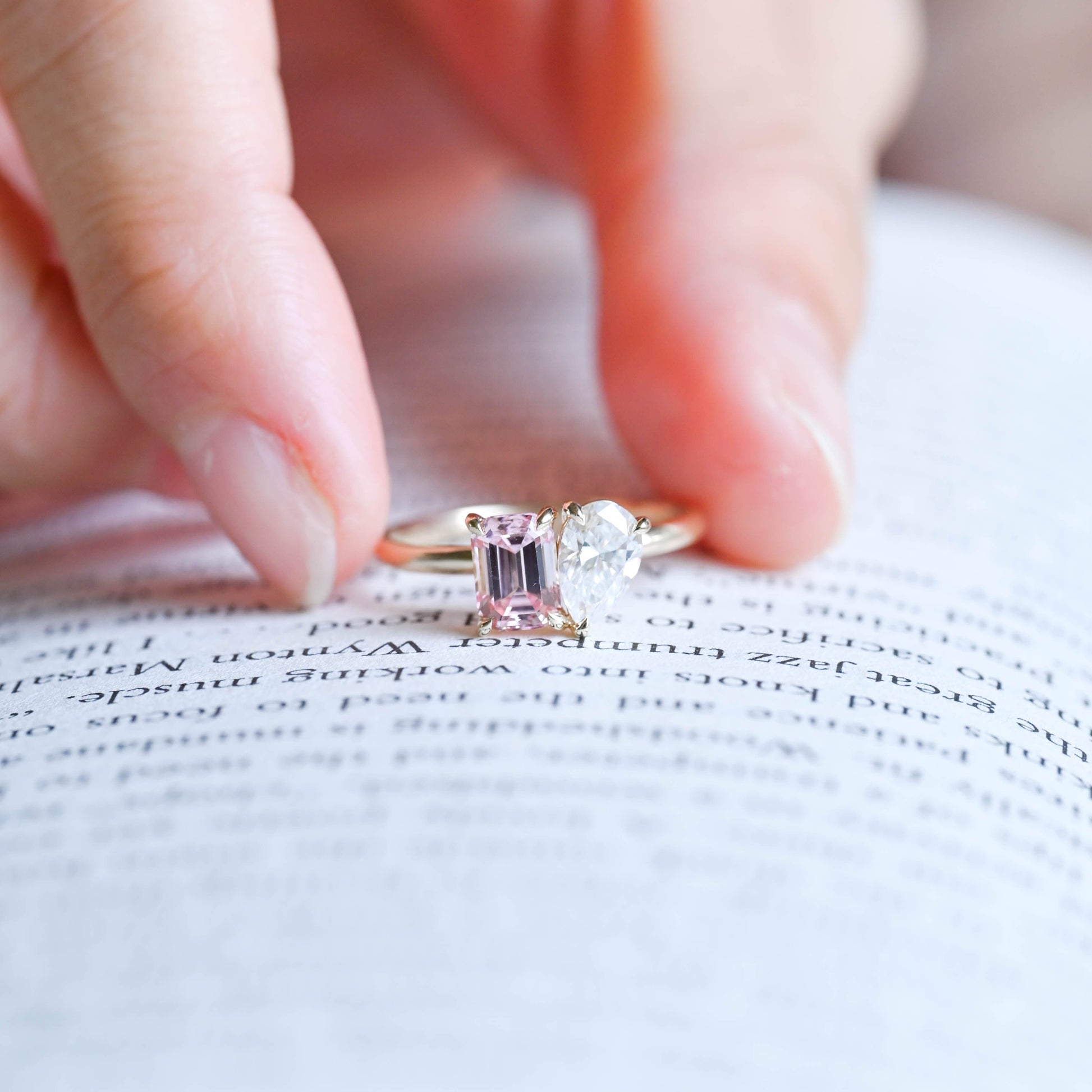 SquareJewelry emerald cut lab grown sapphire engagement ring Solid Gold Toi et Moi Emerald Cut Pink Lab Grown Sapphire & Pear Cut Moissanite Engagement Ring