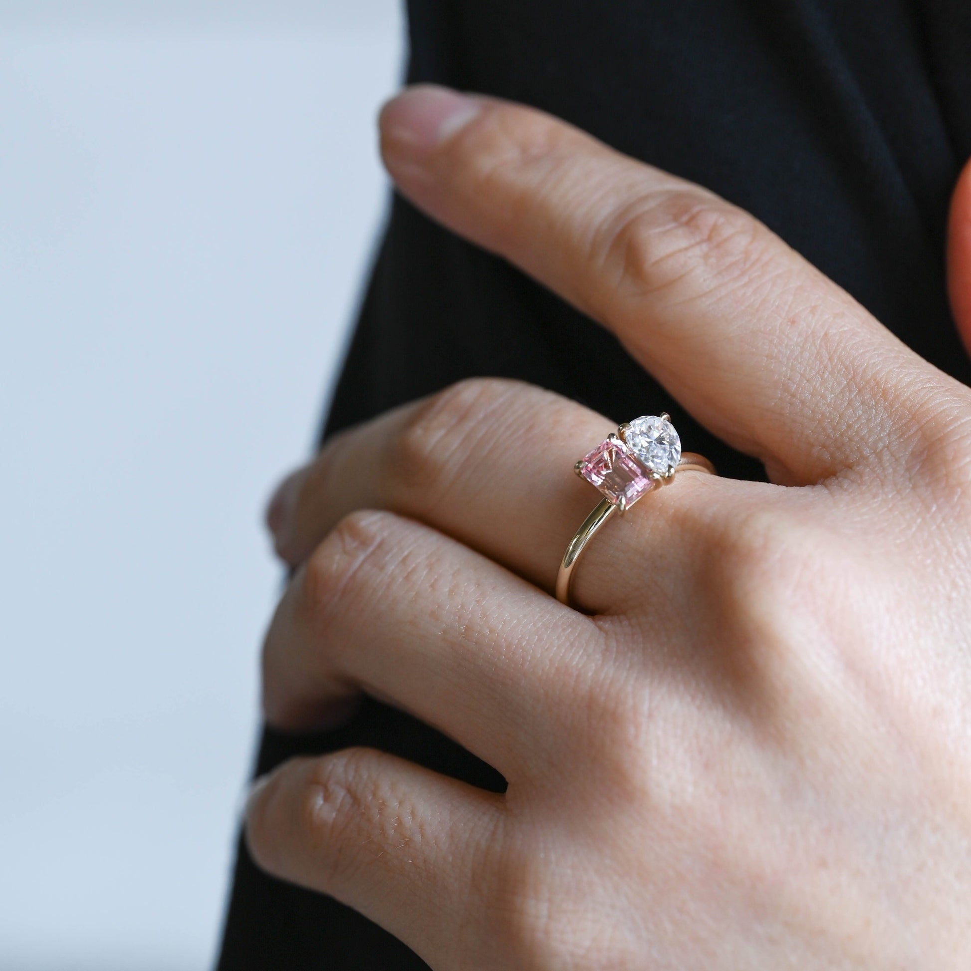 SquareJewelry emerald cut lab grown sapphire engagement ring Solid Gold Toi et Moi Emerald Cut Pink Lab Grown Sapphire & Pear Cut Moissanite Engagement Ring