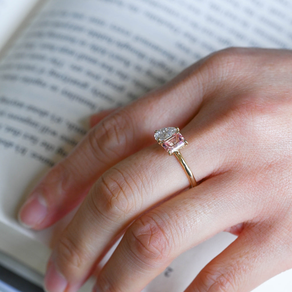 SquareJewelry emerald cut lab grown sapphire engagement ring Solid Gold Toi et Moi Emerald Cut Pink Lab Grown Sapphire & Pear Cut Moissanite Engagement Ring