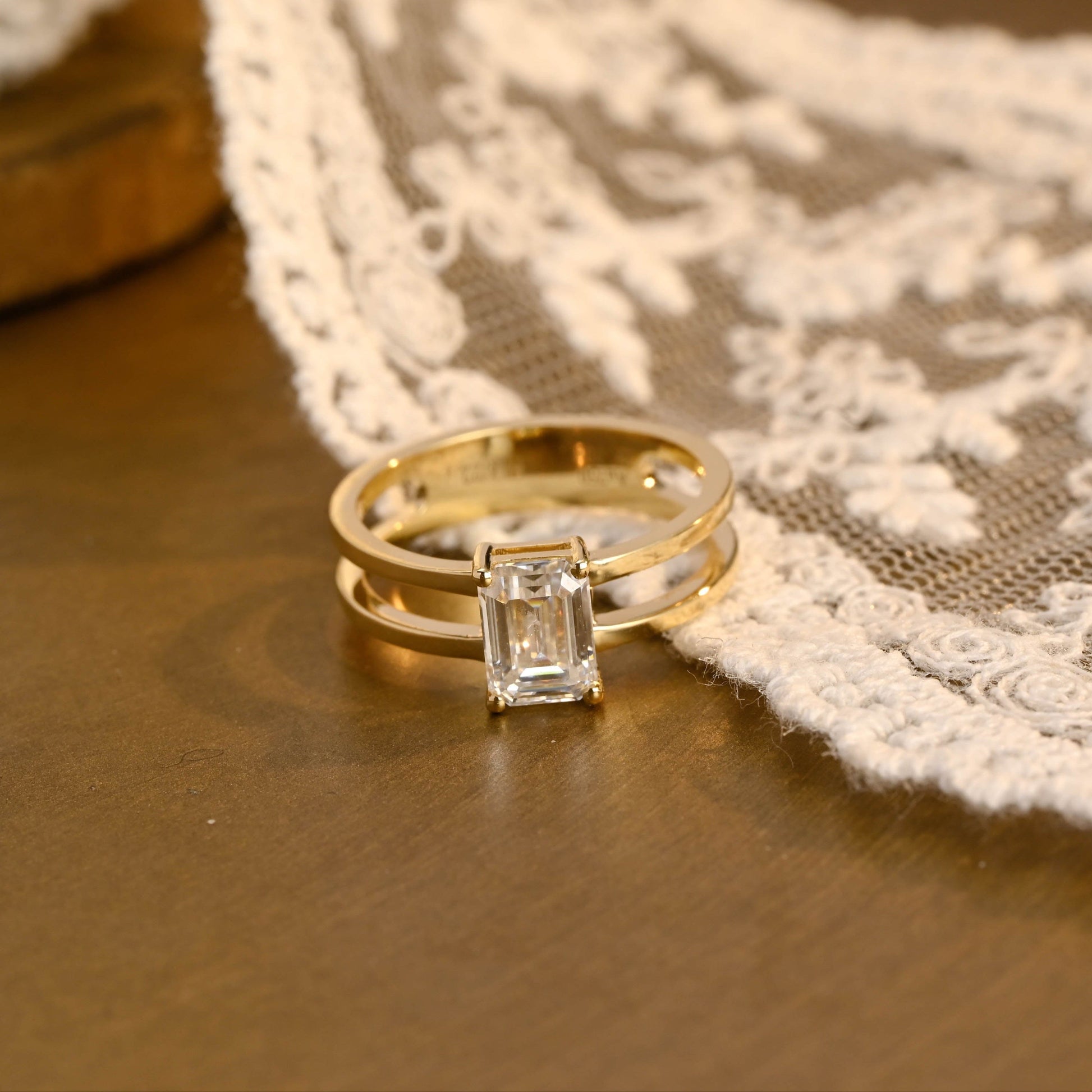 SquareJewelry emerald cut moissanite engagement ring Double Band Emerald Cut Moissanite Engagement Ring