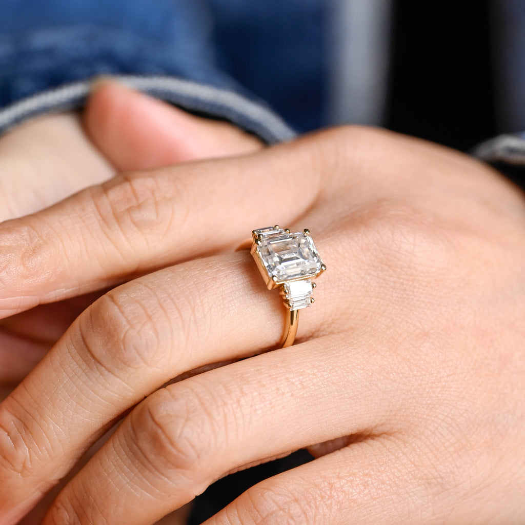 SquareJewelry emerald cut moissanite engagement ring Solid Gold Baguette Accents Emerald Cut Moissanite Engagement Ring