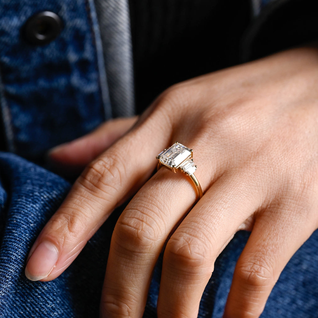 SquareJewelry emerald cut moissanite engagement ring Solid Gold Baguette Accents Emerald Cut Moissanite Engagement Ring