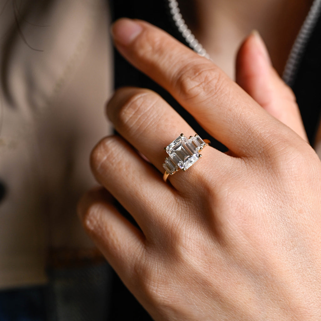 SquareJewelry emerald cut moissanite engagement ring Solid Gold Baguette Accents Emerald Cut Moissanite Engagement Ring